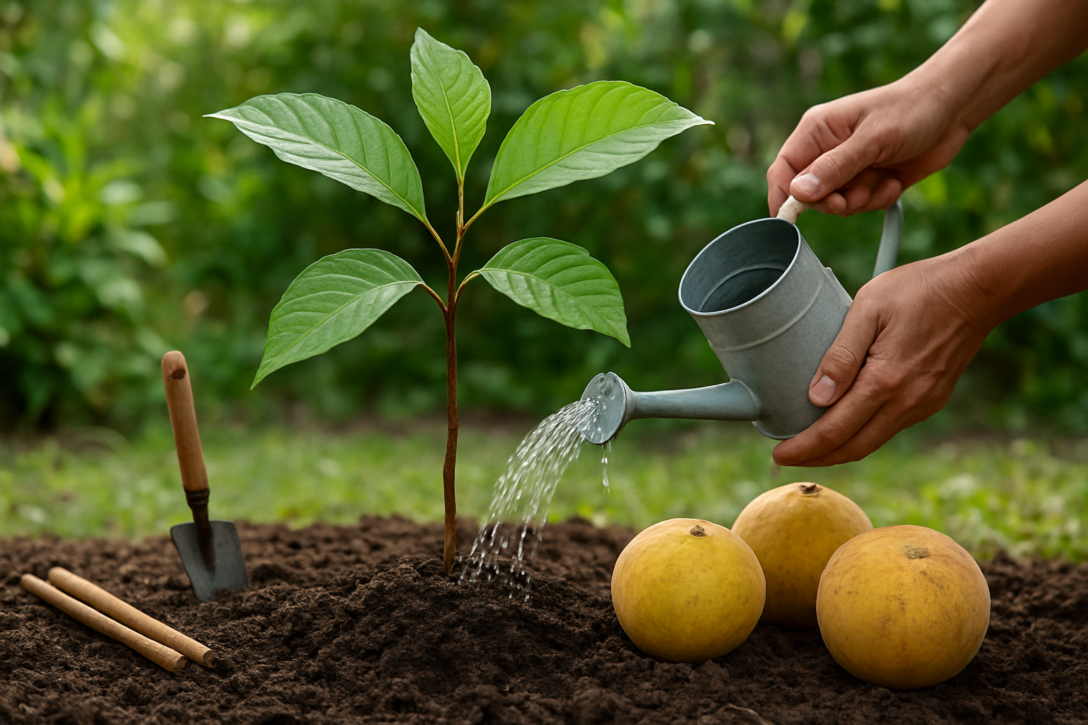 Create a realistic image of a young santol tree sapling planted in rich, dark soil in a home garden setting, with a person's hands visible holding a small watering can, surrounded by gardening tools like a small shovel and plant stakes, with a few mature santol fruits placed nearby on the ground for reference, bright natural daylight illuminating the scene, lush green foliage in the background suggesting a thriving garden environment, absolutely NO text should be in the scene.