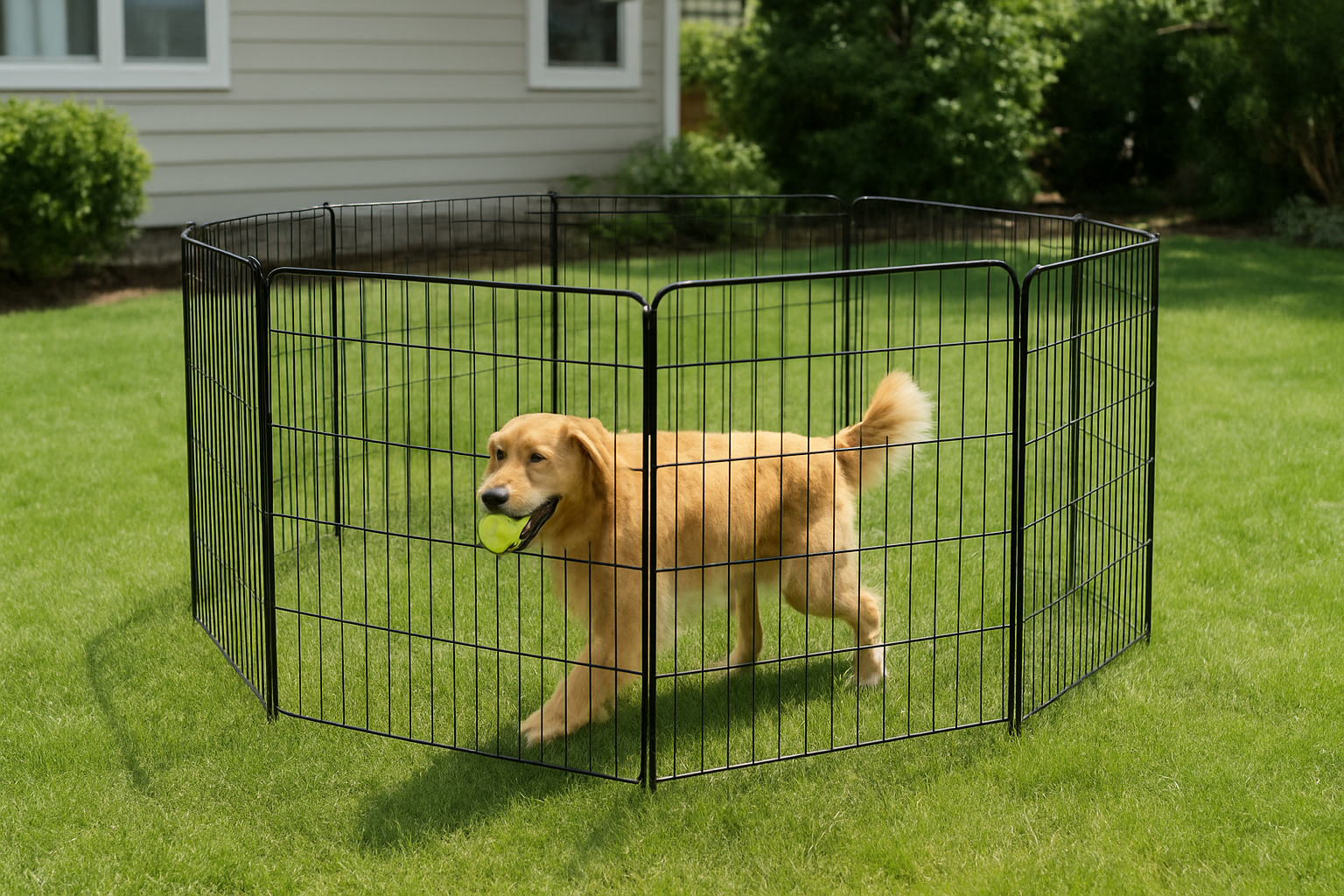 Create a realistic image of a portable black metal dog exercise pen set up on a green grass lawn, showing the octagonal or rectangular fenced enclosure with vertical metal bars and a gate, with a medium-sized golden retriever dog inside the pen playing with a tennis ball, bright natural daylight with soft shadows, clean suburban backyard setting with part of a house visible in the background, the pen appearing sturdy yet lightweight and moveable, absolutely NO text should be in the scene.