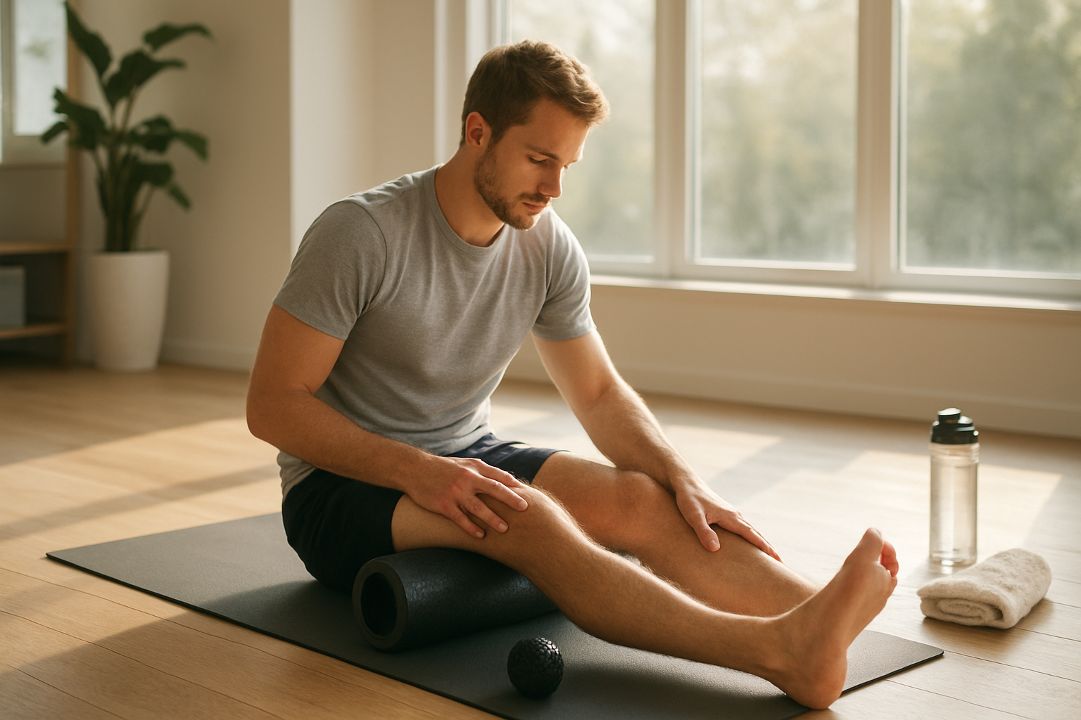 Create a realistic image of a peaceful recovery scene showing a white male athlete in his late 20s sitting on a yoga mat in a bright, modern home gym, gently stretching his hamstring with a foam roller nearby, surrounded by recovery tools like a massage ball, water bottle, and towel, with natural sunlight streaming through large windows creating a calm and serene atmosphere that emphasizes rest and mindful recovery over intense training, soft lighting highlighting the importance of taking time for proper muscle recovery, Absolutely NO text should be in the scene.