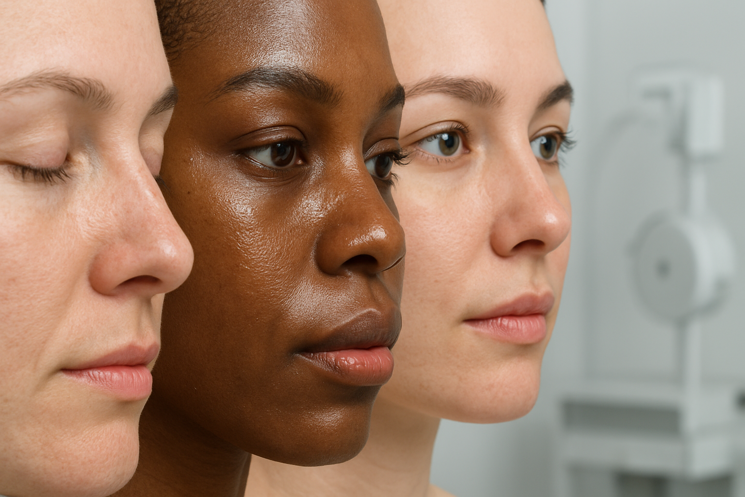 Create a realistic image of a close-up view showing different skin types side by side, featuring various skin textures including oily, dry, combination, and sensitive skin areas on human faces of diverse ethnicities including white and black females, with a clean clinical background, soft even lighting that highlights skin details and pores, medical consultation setting with subtle dermatology equipment visible in the blurred background, professional and educational mood, absolutely NO text should be in the scene.