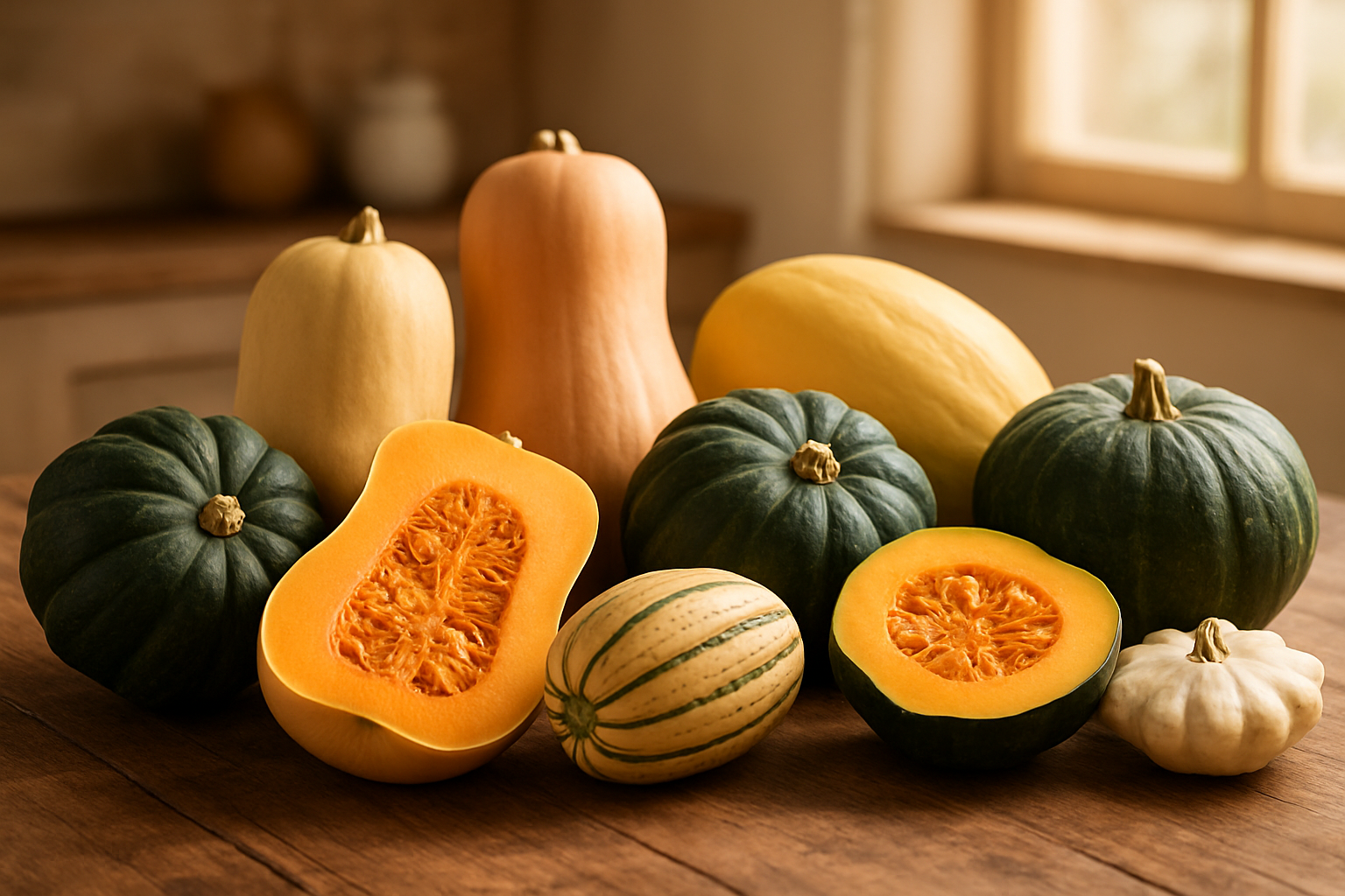 Create a realistic image of a diverse collection of popular squash varieties arranged on a rustic wooden table, including butternut squash, acorn squash, delicata squash, kabocha squash, spaghetti squash, and pattypan squash, with some varieties cut in half to show their interior flesh and seeds, set against a warm kitchen background with soft natural lighting streaming through a window, creating an inviting harvest atmosphere that showcases the year-round availability and variety of these nutritious fruits, absolutely NO text should be in the scene.