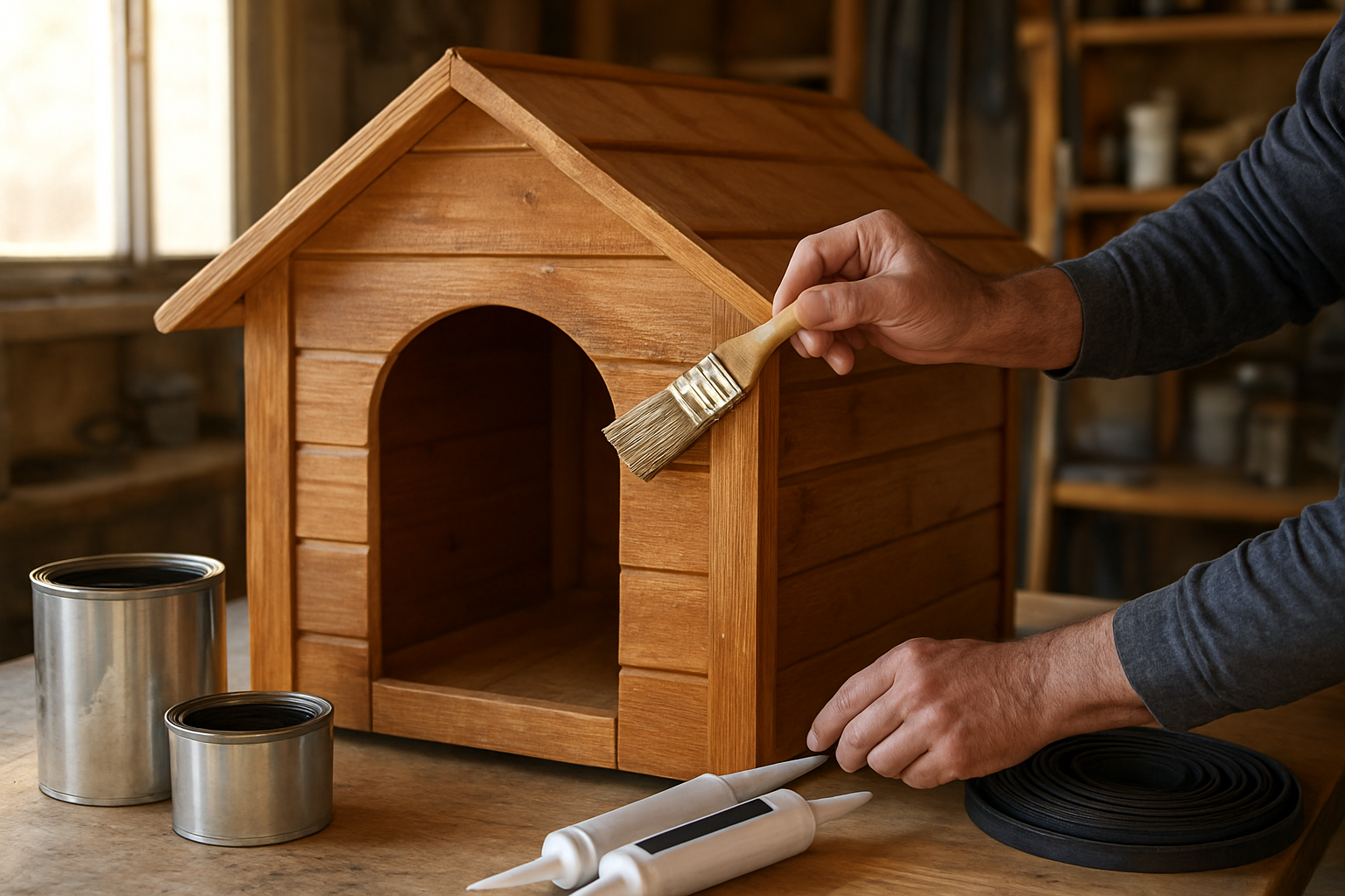 Create a realistic image of a wooden dog house being treated with weatherproofing materials, showing hands applying clear wood sealant with a brush to the exterior walls, with containers of weatherproofing stain, caulk tubes, and weather stripping materials arranged nearby on a workbench, set in a garage or workshop environment with natural lighting from a window, focusing on the detailed weatherproofing process and materials. Absolutely NO text should be in the scene.
