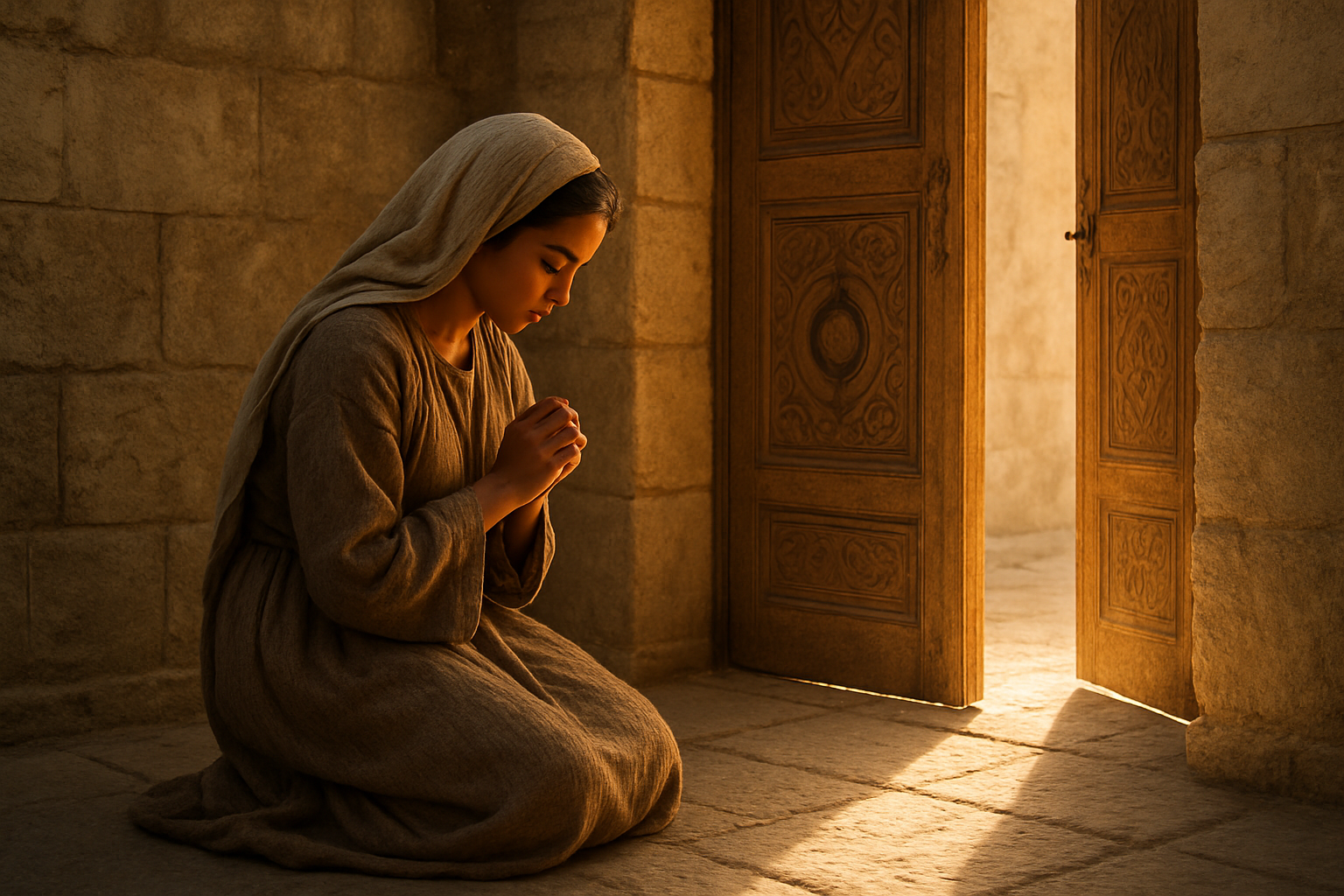 Create a realistic image of a humble young Middle Eastern woman in biblical-era clothing kneeling gracefully at the entrance of an ornate wooden door that is slightly ajar, allowing warm golden light to stream through the opening, with her head bowed respectfully and hands folded in a gesture of reverence, set against ancient stone architecture with soft morning sunlight creating gentle shadows, conveying a peaceful and reverent atmosphere that symbolizes how humility leads to new opportunities. Absolutely NO text should be in the scene.