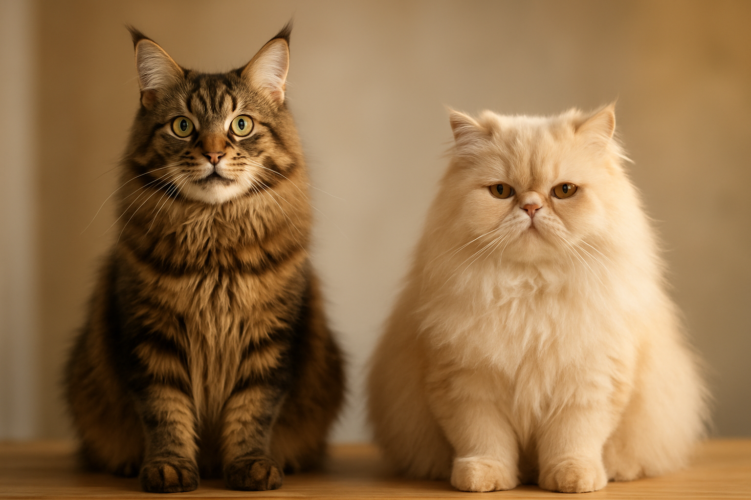 Create a realistic image of a Maine Coon cat and a Persian cat sitting side by side showcasing their distinct personality traits, with the Maine Coon appearing alert and playful with bright curious eyes and an upright confident posture, while the Persian cat displays a calm serene demeanor with a relaxed regal sitting position and gentle expression, both cats positioned on a neutral wooden surface against a soft blurred background with warm natural lighting that highlights their contrasting facial expressions and body language, absolutely NO text should be in the scene.