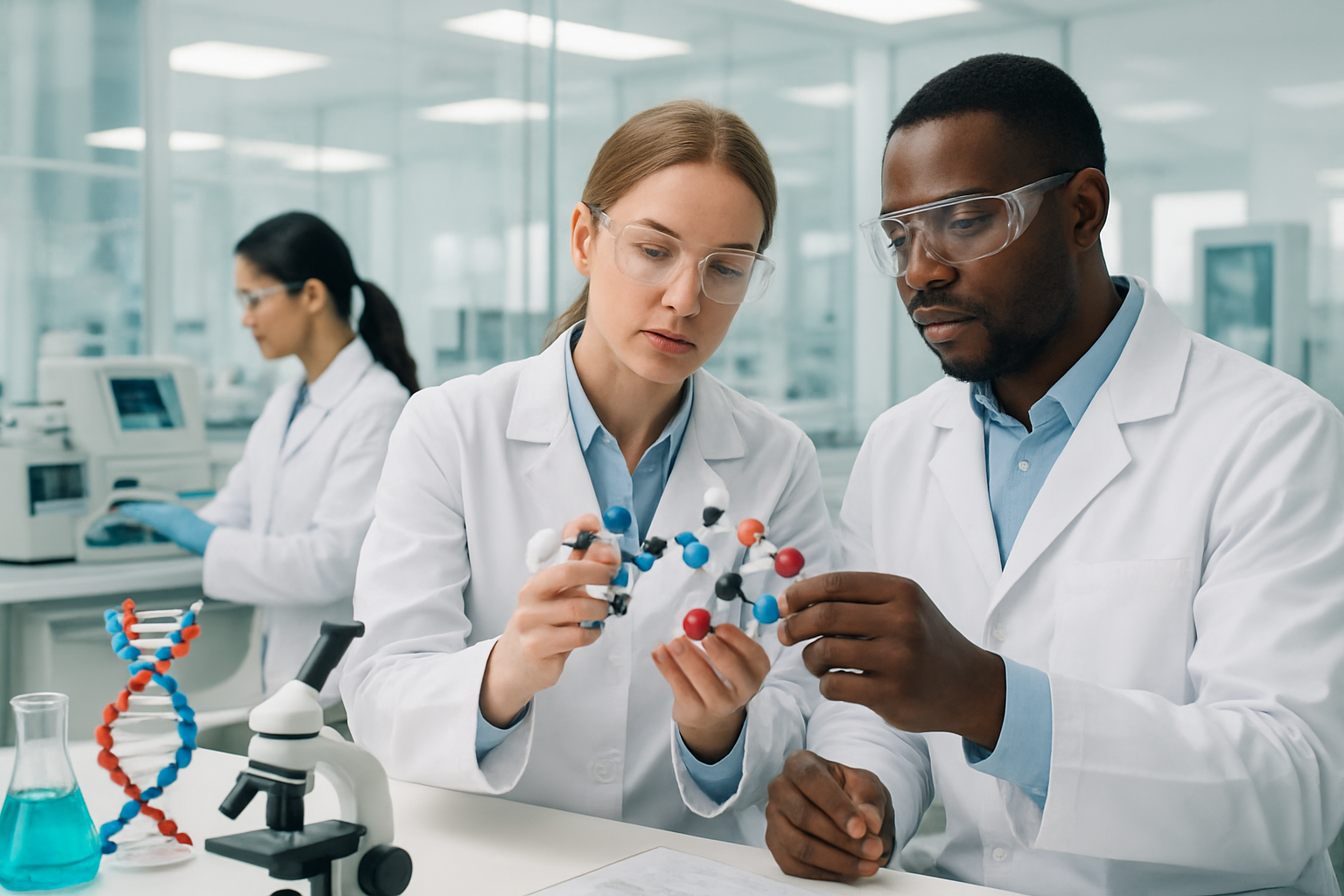 Create a realistic image of diverse scientists and researchers collaborating in a modern biotech laboratory, showing a white female scientist and a black male researcher examining molecular models together while an Asian female lab technician operates advanced equipment in the background, with glass beakers containing colorful chemical solutions, DNA helix models, microscopes, and computer screens displaying data charts on laboratory benches, bright clean lighting illuminating the sterile white laboratory environment with glass partitions and modern equipment, conveying an atmosphere of innovation and scientific partnership, absolutely NO text should be in the scene.