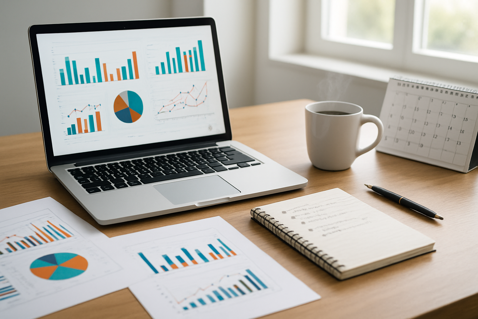 Create a realistic image of a clean, modern workspace with a wooden desk featuring an open laptop displaying colorful charts and graphs, a notebook with handwritten notes and checkmarks, a calendar showing quarterly months, scattered sheets of paper with data visualizations, a steaming coffee cup, and a pen resting nearby, set against a bright office environment with natural lighting streaming through a window, conveying a sense of accomplishment and forward-thinking productivity, absolutely NO text should be in the scene.