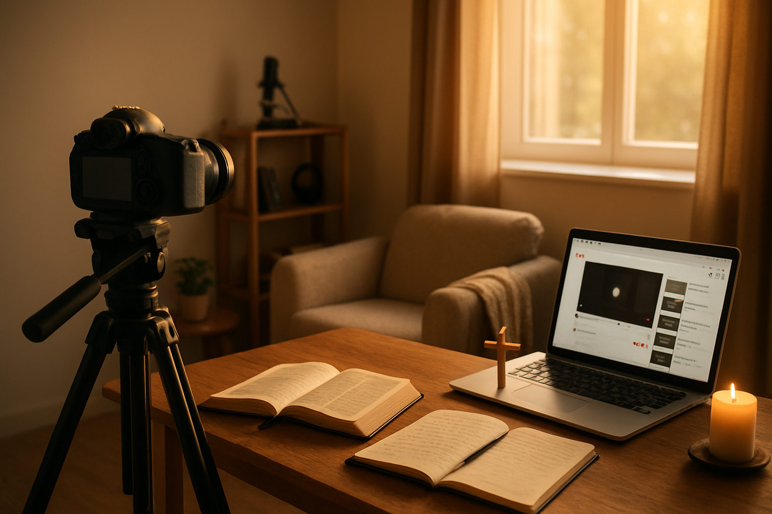 Create a realistic image of a warm, inviting home office or studio setup with a modern camera on a tripod positioned facing a comfortable seating area, a Bible and notebook open on a wooden desk alongside a laptop displaying a YouTube interface, soft golden lighting streaming through a window, Christian symbols like a small wooden cross and candle creating a peaceful atmosphere, with recording equipment subtly placed in the background suggesting content creation, shot from a side angle that captures both the filming setup and the cozy spiritual workspace, conveying inspiration and creativity for faith-based video content, absolutely NO text should be in the scene.