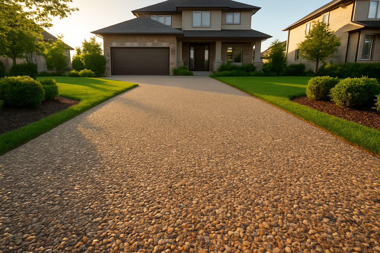 Create a realistic image of a beautiful exposed aggregate driveway in a Markham residential setting, featuring the textured concrete surface with visible decorative stones and pebbles, leading to a modern two-story house with well-maintained landscaping including green grass and shrubs on both sides, captured during golden hour lighting that highlights the driveway's texture and creates warm shadows, with a clean suburban neighborhood atmosphere in the background, absolutely NO text should be in the scene.