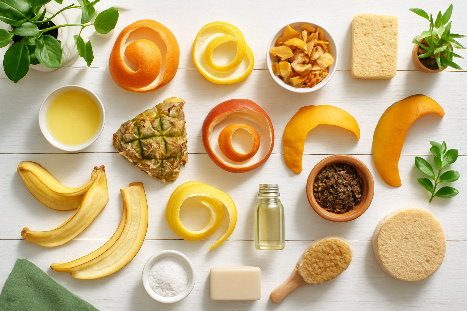 Create a realistic image of various colorful fruit peels arranged in an organized, aesthetically pleasing layout on a clean white wooden surface, including orange and lemon peels, apple peels, banana peels, and tropical fruit peels like pineapple and mango skins, with some peels transformed into useful items such as small bowls of homemade cleaner, dried peel potpourri, and plant fertilizer, surrounded by fresh green plants, cleaning supplies, beauty items, and craft materials, captured in bright natural daylight with soft shadows creating a fresh, eco-friendly atmosphere that conveys sustainability and creativity, absolutely NO text should be in the scene.
