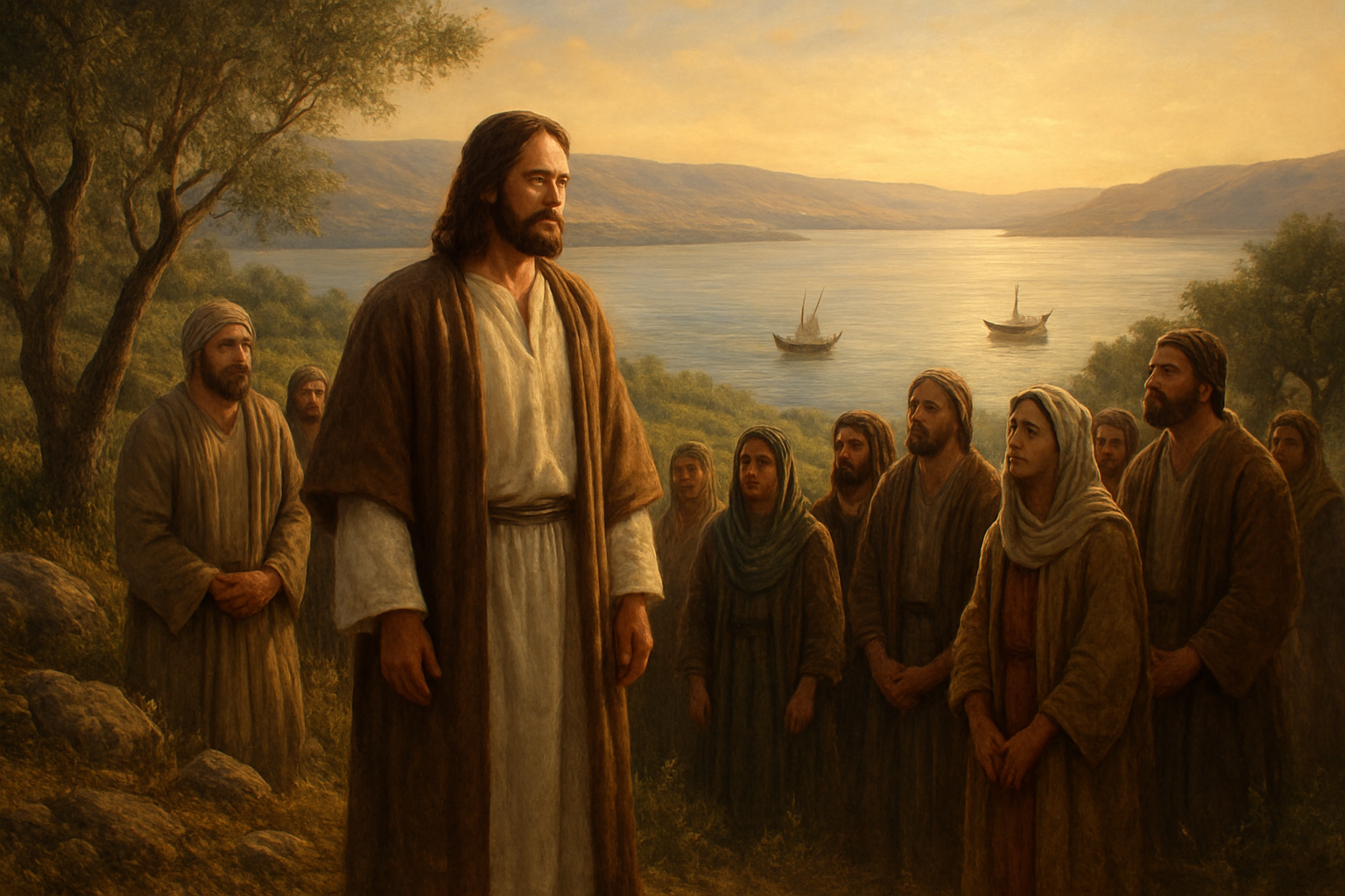 Create a realistic image of Jesus Christ as a Middle Eastern male with long brown hair and beard, wearing traditional white and brown robes, standing on a hillside overlooking the Sea of Galilee with ancient fishing boats in the distance, surrounded by a diverse group of disciples including men and women of various Middle Eastern ethnicities also in period clothing, with olive trees and rocky terrain in the foreground, warm golden sunlight creating a peaceful and spiritual atmosphere during late afternoon, absolutely NO text should be in the scene.