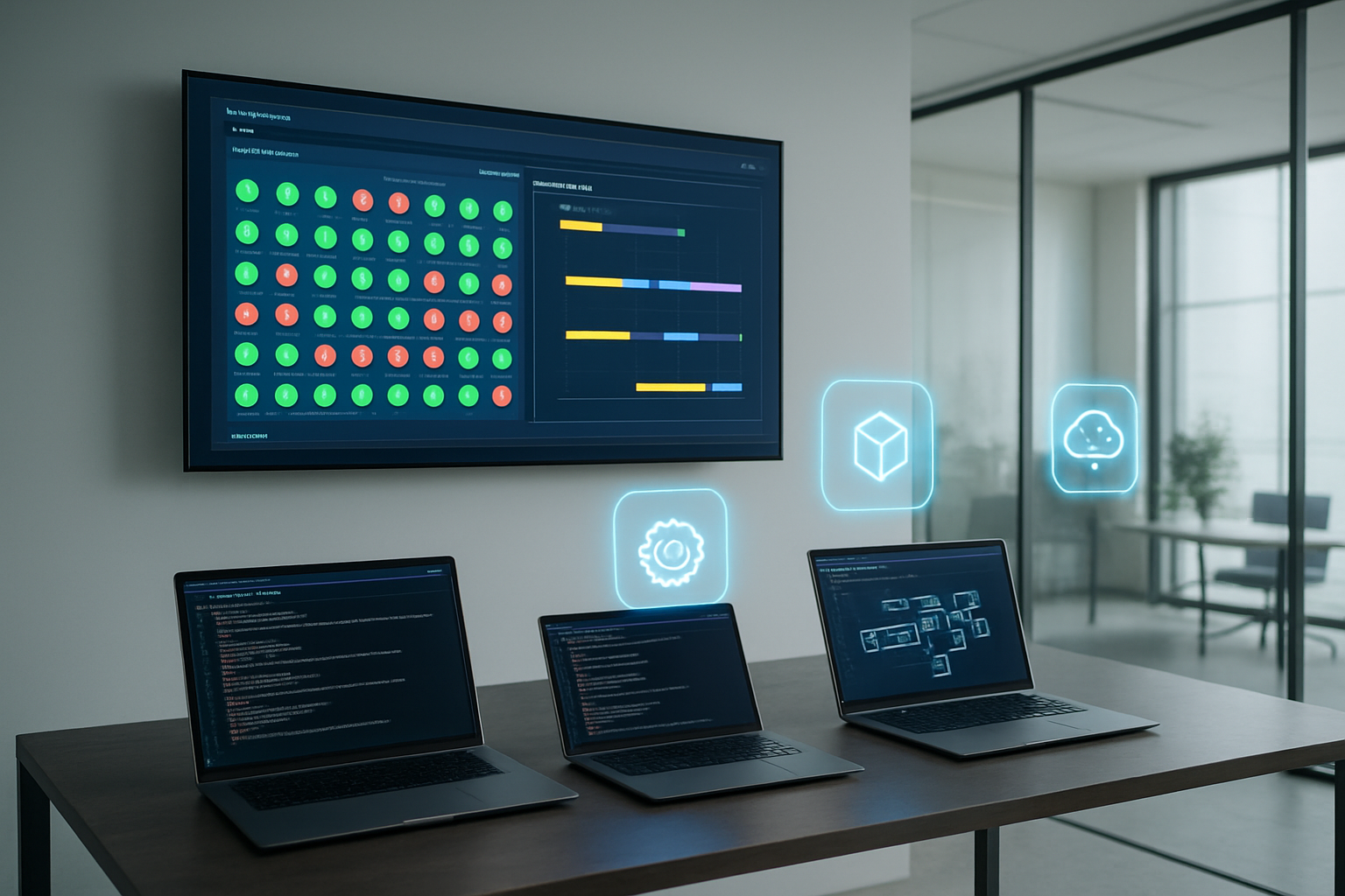 Create a realistic image of a modern tech workspace showing the successful integration of DevOps and Kubernetes, featuring a large wall-mounted monitor displaying colorful Kubernetes dashboard with pod status indicators and deployment pipelines, a sleek desk with multiple laptops showing terminal windows and container orchestration interfaces, floating holographic icons representing CI/CD pipeline stages, Docker containers, and cloud infrastructure elements, clean minimalist office environment with glass walls and modern furniture, soft natural lighting from large windows, professional atmosphere conveying innovation and technological advancement, absolutely NO text should be in the scene.