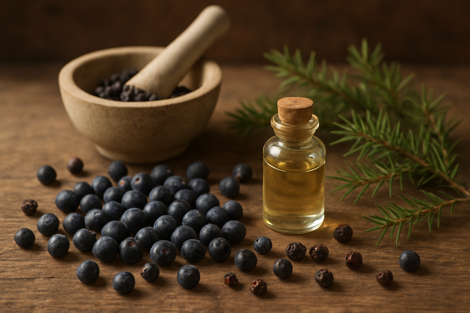 Create a realistic image of a rustic wooden table surface with scattered fresh juniper berries in their natural deep blue-purple color with waxy coating, some dried juniper berries, a small glass bottle containing juniper essential oil, a mortar and pestle with crushed berries, and a few sprigs of juniper branches with needle-like leaves, all arranged in an organic composition with soft natural lighting from above, warm earth-toned background suggesting a kitchen or apothecary setting, conveying a sense of natural wellness and culinary exploration, absolutely NO text should be in the scene.