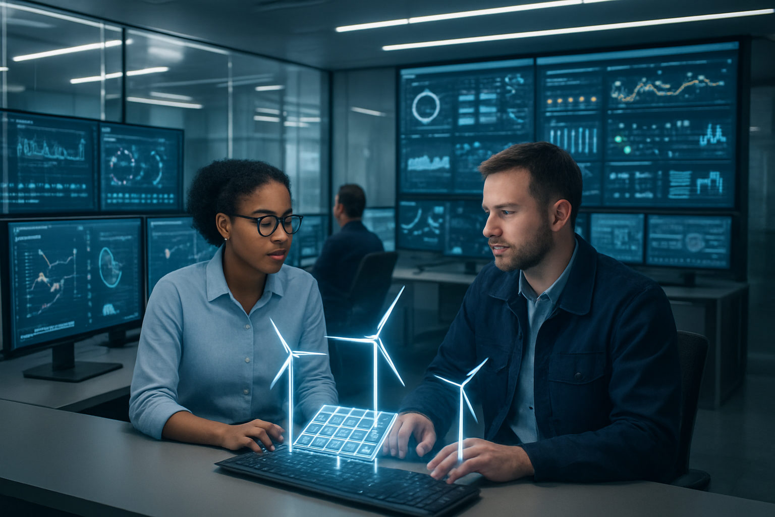 Create a realistic image of a modern control room with multiple large screens displaying energy grid data and AI analytics dashboards, featuring a diverse team including a black female engineer and white male technician collaborating at workstations, with holographic projections of wind turbines and solar panels floating above their workspace, bright LED lighting creating a professional atmosphere, sleek metallic surfaces and glass panels in the background, conveying innovation and technological advancement in the energy sector, absolutely NO text should be in the scene.