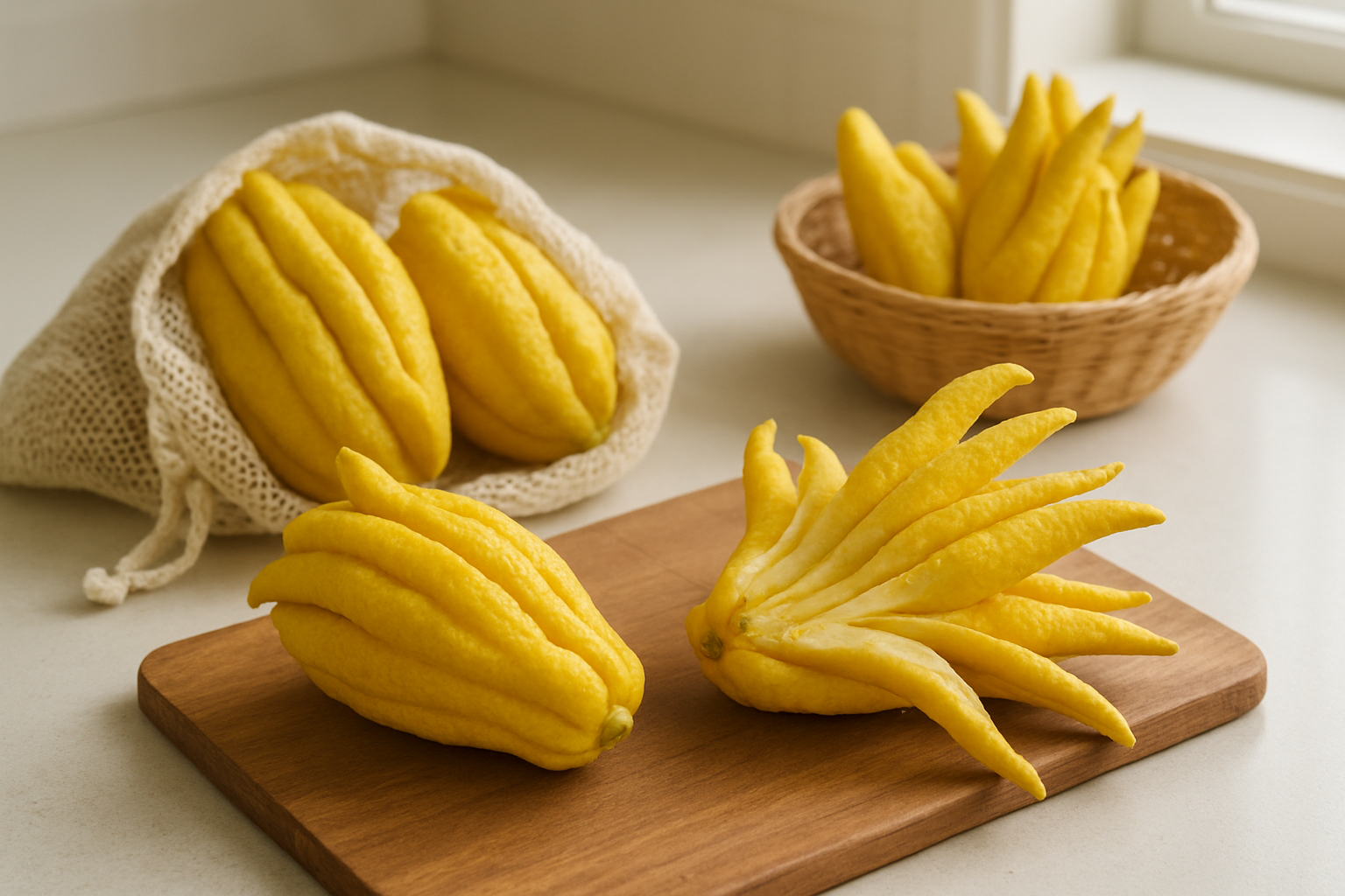 Create a realistic image of fresh Buddha's Hand citrus fruits displayed on a wooden cutting board with some stored in a breathable mesh bag nearby, featuring the characteristic finger-like yellow segments of the fruit, placed on a clean kitchen counter with soft natural lighting from a window, showing both whole fruits and one partially separated to demonstrate proper handling, with a small wicker basket containing additional Buddha's Hand fruits in the background, conveying a sense of freshness and proper storage practices, absolutely NO text should be in the scene.