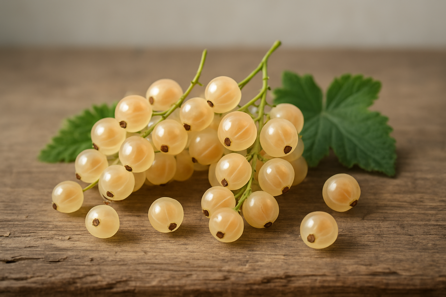 Create a realistic image of fresh white currants displayed prominently on a rustic wooden surface, showing clusters of translucent white berries still attached to their delicate green stems, with some individual berries scattered nearby to showcase their unique pearl-like appearance and size, surrounded by a few green currant leaves for natural context, with soft natural lighting highlighting the berries' distinctive translucent quality and subtle variations in white and pale yellow tones, set against a clean, blurred background that emphasizes the berries as the main focus, absolutely NO text should be in the scene.