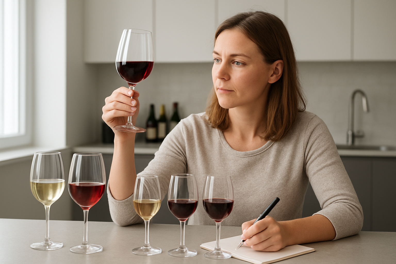 Create a realistic image of a white female in her 30s sitting at a modern kitchen counter with multiple wine glasses containing different types of wine in various shades of red, white, and rosé arranged in front of her, she is holding one glass up to examine the color while taking tasting notes on a simple notepad, soft natural lighting from a nearby window illuminates the scene, the background shows a clean contemporary kitchen with wine bottles visible on the counter, the mood is focused and educational as she discovers her wine preferences through systematic tasting, absolutely NO text should be in the scene.