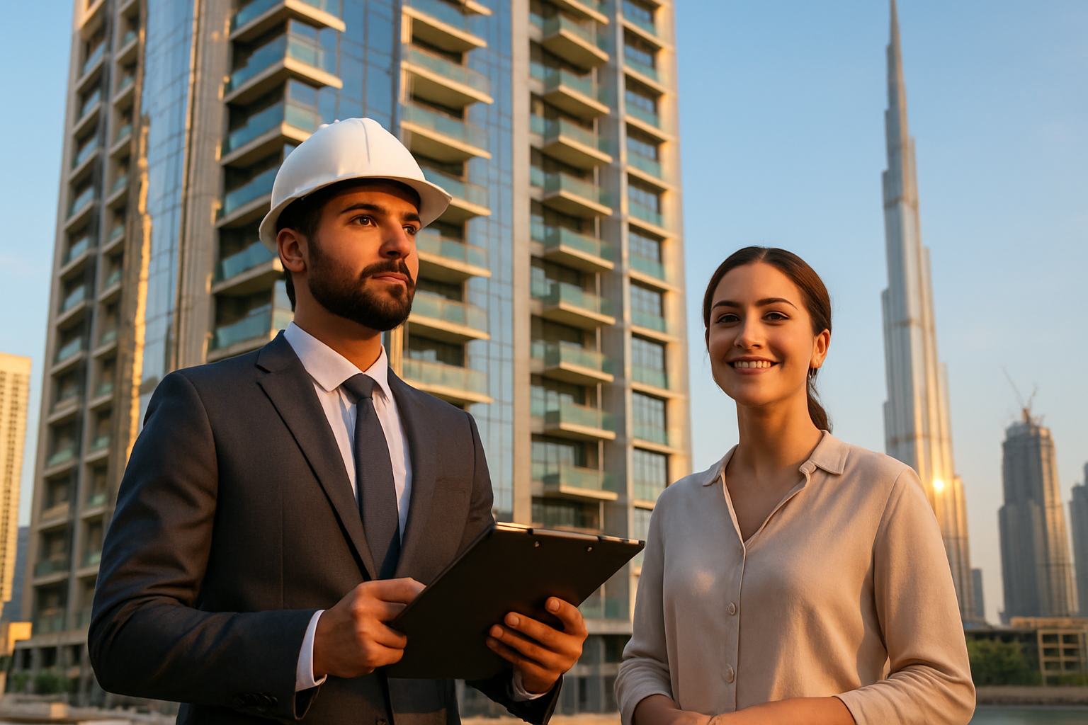 Create a realistic image of a modern Dubai high-rise residential building exterior with gleaming glass facades and contemporary architecture, featuring a Middle Eastern male inspector in professional attire holding a digital tablet and inspection checklist while examining building details, with a Middle Eastern female client in business casual clothing standing beside him looking satisfied and confident, set against Dubai's iconic skyline with other luxury developments visible in the background, captured during golden hour lighting that creates warm reflections on the building surfaces, conveying a sense of professionalism, quality assurance, and successful property investment protection, with construction cranes subtly visible in the distance indicating ongoing development, absolutely NO text should be in the scene.