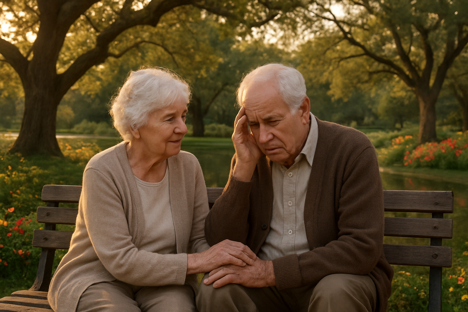 Create a realistic image of an elderly white couple sitting together on a park bench, the woman gently holding the man's hand while he appears to be struggling with memory, surrounded by a peaceful garden with mature oak trees and blooming flowers, soft golden hour lighting creating a warm and tender atmosphere that conveys enduring love through life's challenges, with a calm pond visible in the background reflecting the sky, absolutely NO text should be in the scene.