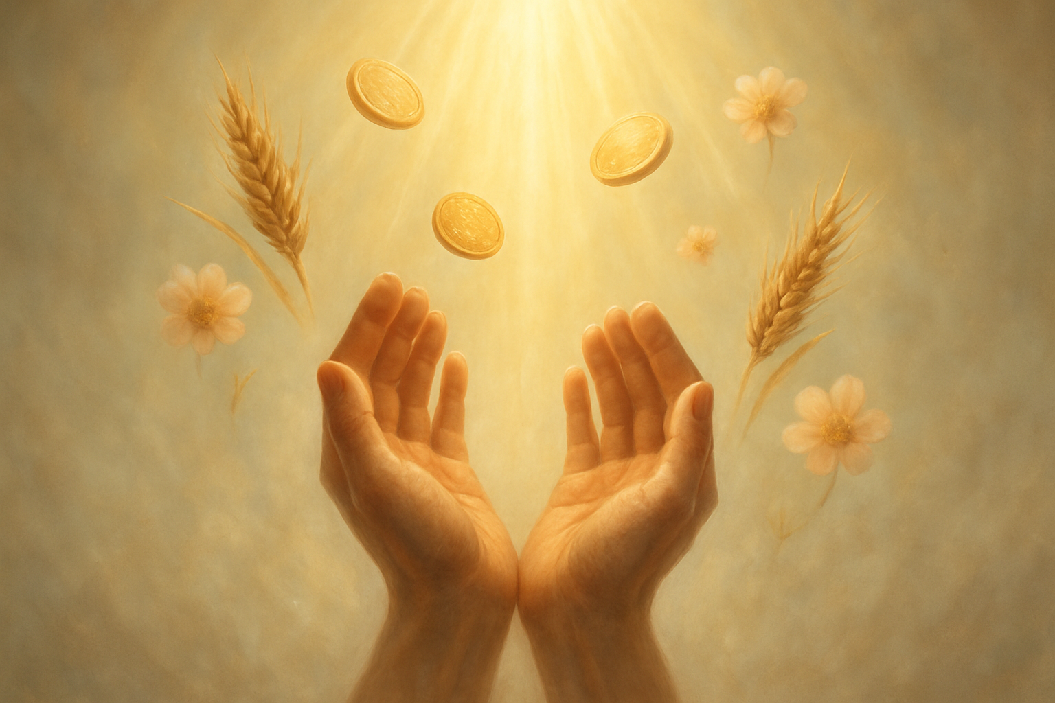 Create a realistic image of hands cupped upward in a prayer position surrounded by golden light rays streaming down from above, with floating symbols of abundance like coins, wheat sheaves, and blooming flowers gently hovering around the hands, set against a soft ethereal background with warm golden and white tones creating a peaceful spiritual atmosphere, absolutely NO text should be in the scene.