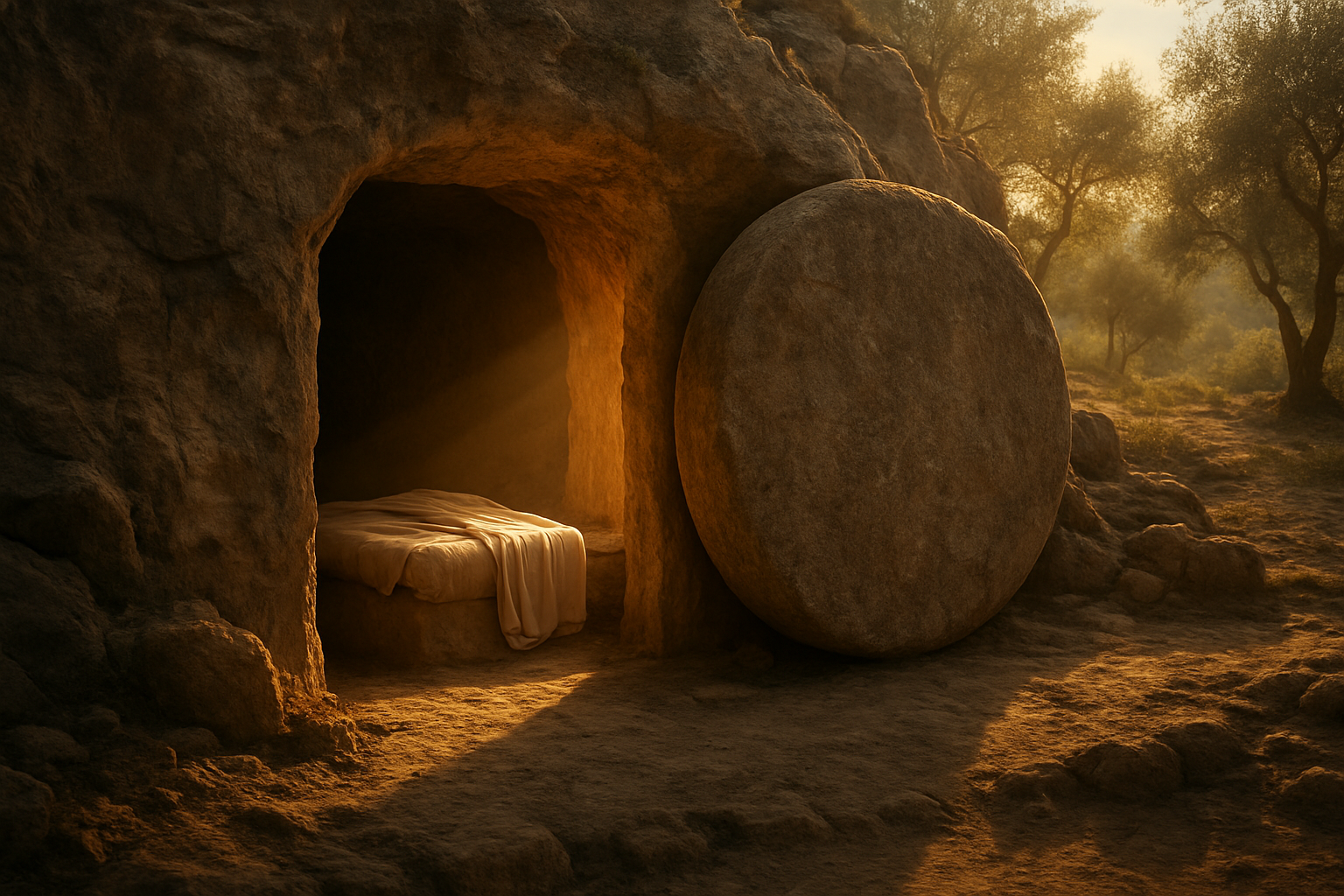 Create a realistic image of an empty stone tomb with a large circular stone rolled away from the entrance, bright golden sunlight streaming through the opening illuminating the interior, white burial cloths folded neatly inside on a stone ledge, surrounded by ancient Middle Eastern rocky terrain with olive trees in the background, creating a peaceful yet powerful atmosphere of triumph and divine validation, with soft morning light casting long shadows across the scene. Absolutely NO text should be in the scene.