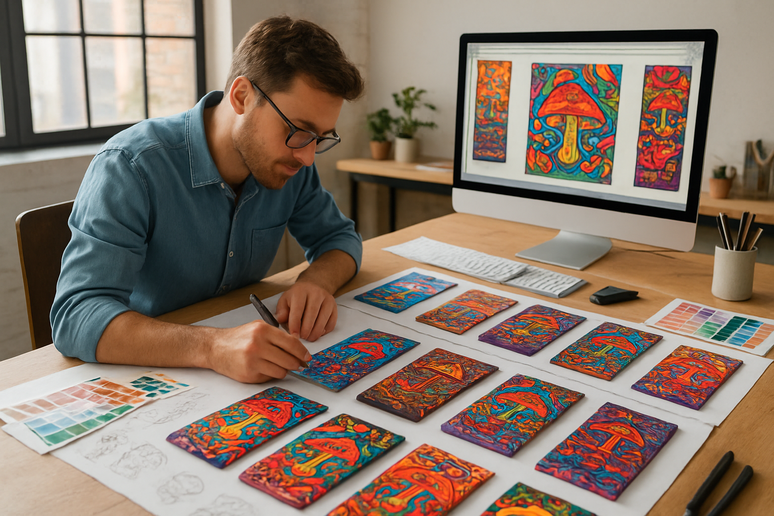 Create A Realistic Image Of A Professional Design Studio Workspace With A White Male Designer In His 30S Working On Multiple Magic Mushroom Chocolate Bar Packaging Concepts Spread Across A Large Desk, Featuring Various Colorful Package Designs With Psychedelic Patterns, Mushroom Illustrations, And Different Brand Color Schemes, Surrounded By Design Tools Like Color Swatches, Sketches, And A Computer Displaying Branding Mockups, With Natural Lighting From Large Windows Creating A Creative And Organized Atmosphere. Absolutely No Text Should Be In The Scene.