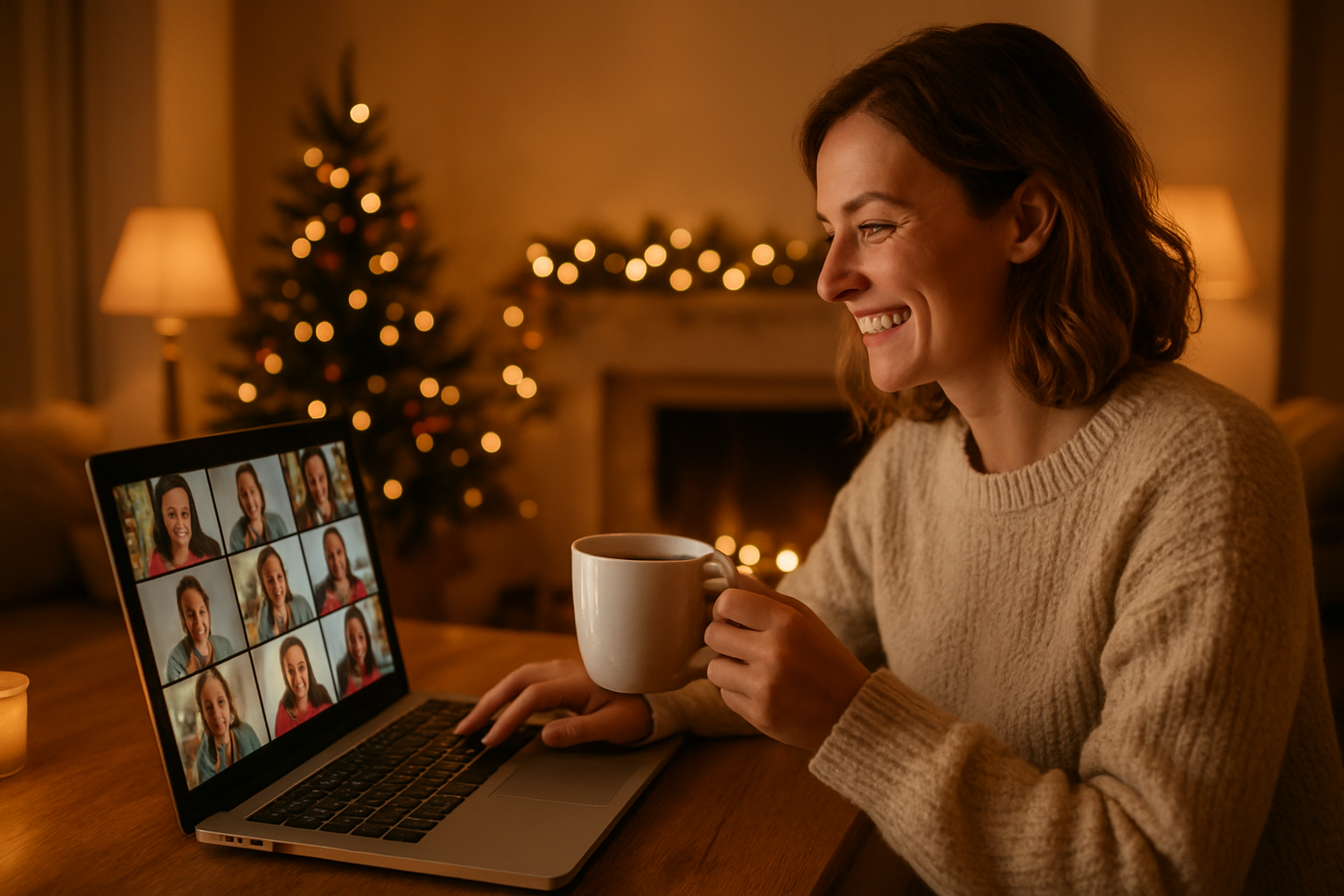 Create a realistic image of a white female sitting at a cozy desk in a warmly lit living room, smiling while looking at a laptop screen showing a video call with multiple people's faces in a grid layout, Christmas decorations including a small tree with twinkling lights and garland visible in the background, warm golden lighting from table lamps creating a festive holiday atmosphere, the woman wearing a comfortable sweater and holding a mug of hot cocoa, absolutely NO text should be in the scene.