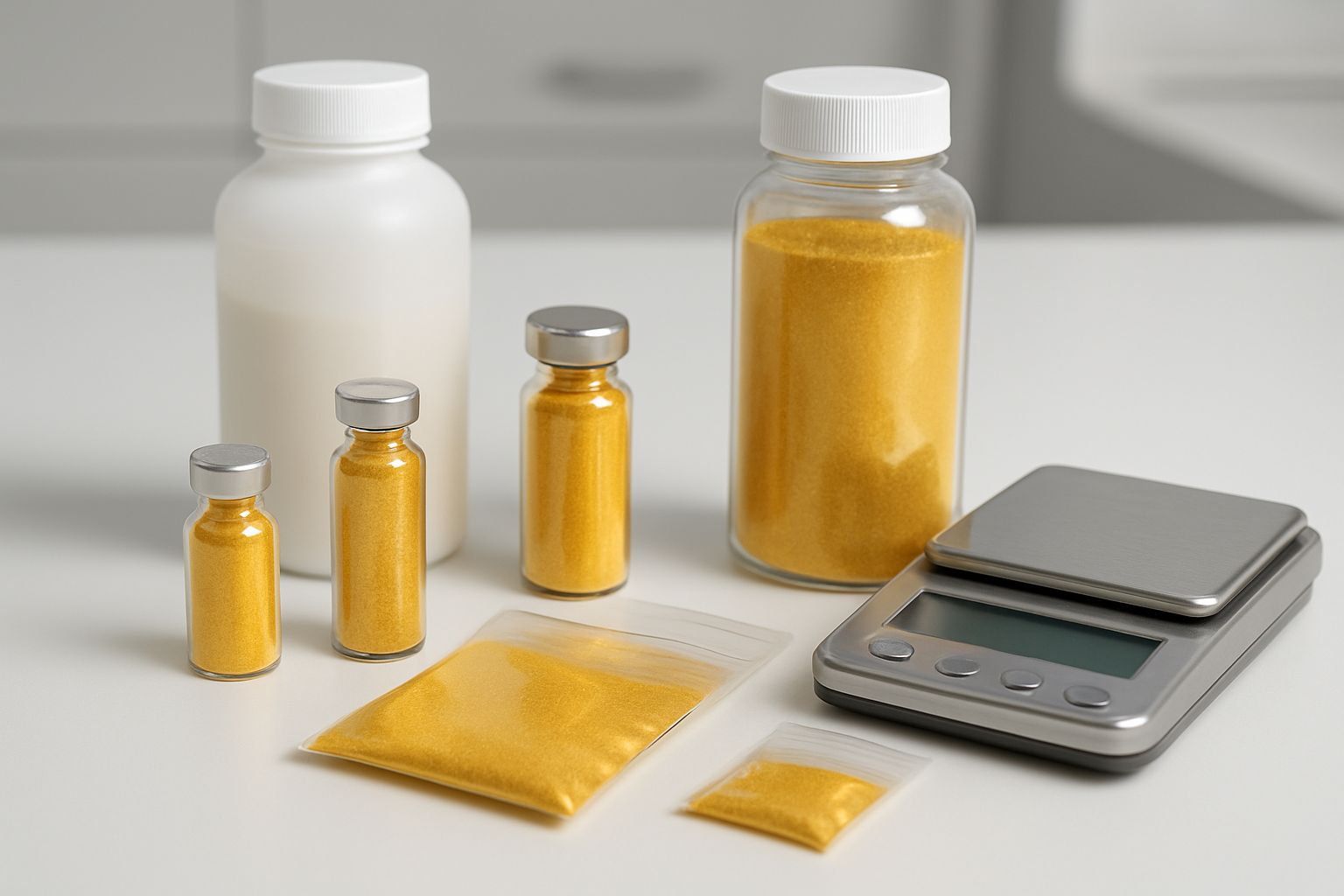 Create a realistic image of various glass vials, small sealed pouches, and laboratory containers of different sizes containing bright golden powder, arranged on a clean white surface with professional lighting, showcasing different packaging options from small sample vials to larger containers, with precise measuring equipment nearby including a digital scale, clean laboratory environment background, bright even lighting highlighting the golden shimmer of the contents, absolutely NO text should be in the scene.