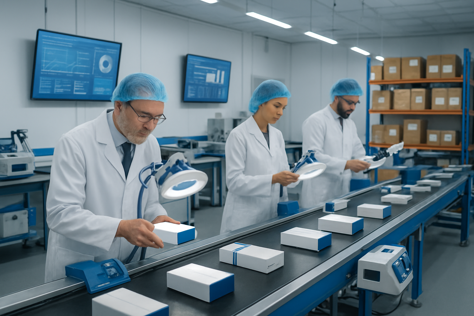 Create a realistic image of a modern quality control facility with professional inspectors examining products on conveyor belts, featuring high-tech testing equipment, digital monitoring screens displaying quality metrics, products being carefully inspected under bright LED lighting, clean industrial environment with white and blue color scheme, multiple workstations with magnifying equipment and measurement tools, background showing organized warehouse storage with quality certification badges and approval stamps visible on packaging, bright professional lighting creating a sense of precision and reliability, conveyor systems moving products through various inspection stages, absolutely NO text should be in the scene.
