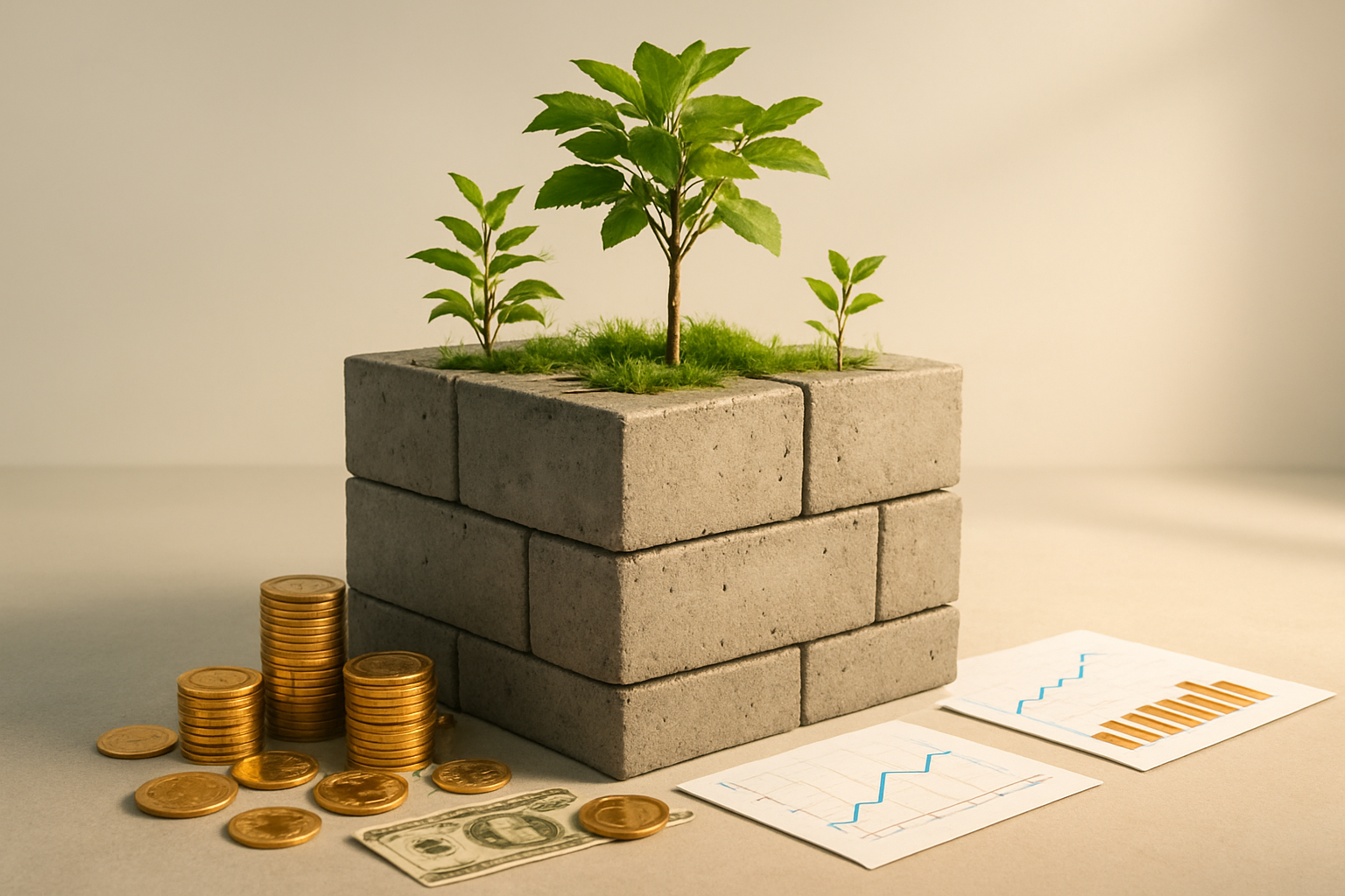 Create a realistic image of a strong architectural foundation made of solid concrete blocks with upward-growing green plants and small trees sprouting from the top, symbolizing growth and long-term development, set against a clean modern background with soft natural lighting, golden coins and dollar bills scattered around the base of the foundation, a few financial charts and graphs placed nearby showing upward trending lines, warm and optimistic lighting suggesting prosperity and stability, shot from a slightly elevated angle to show both the solid foundation and the growing elements above, absolutely NO text should be in the scene.