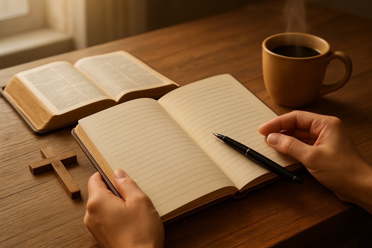 Create a realistic image of hands holding an open journal or notebook with a pen resting beside it, placed on a wooden table next to an open Bible, with a small wooden cross and a steaming cup of coffee nearby, soft natural lighting from a window creating a peaceful morning atmosphere, warm golden tones throughout the scene, absolutely NO text should be in the scene.