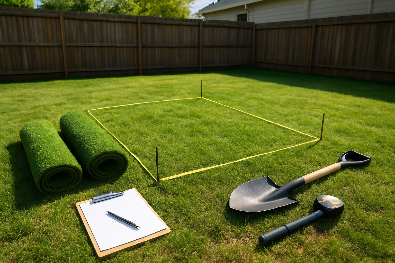 Create a realistic image of a homeowner's backyard showing the planning phase for installing artificial grass dog potty area, featuring measuring tools like a tape measure and stakes marking out a designated rectangular area on natural grass, with rolled artificial turf samples nearby, a clipboard with planning documents, a shovel and other installation tools laid out on the ground, bright natural daylight illuminating the outdoor space, residential fence and house visible in background, absolutely NO text should be in the scene.