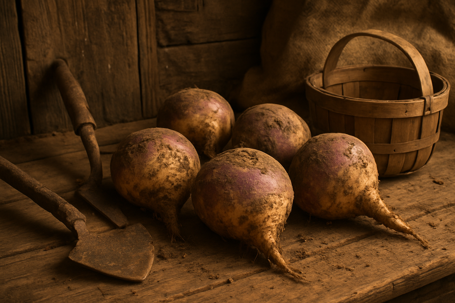 Create a realistic image of ancient rutabaga vegetables with earthy, weathered appearance lying on aged wooden planks alongside vintage farming tools like old hand hoes and wooden baskets, with dried soil still clinging to the purple and cream-colored root vegetables, set against a rustic background of old barn wood and burlap sacks, warm golden lighting suggesting historical agricultural setting, absolutely NO text should be in the scene.
