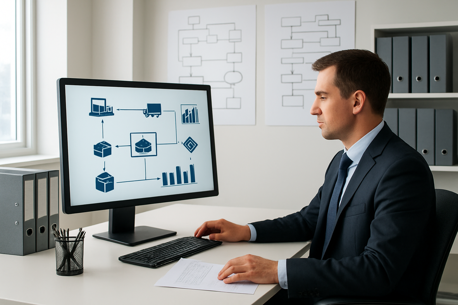 Create a realistic image of a modern, clean office workspace showing a centralized digital dashboard on a large monitor displaying interconnected supply chain elements like supplier networks, inventory levels, and delivery tracking, with a white male business professional in a suit sitting at the desk reviewing simplified procurement data, surrounded by organized filing systems and streamlined workflow charts on the walls, featuring bright natural lighting from large windows, conveying efficiency and organization in a corporate environment, absolutely NO text should be in the scene.