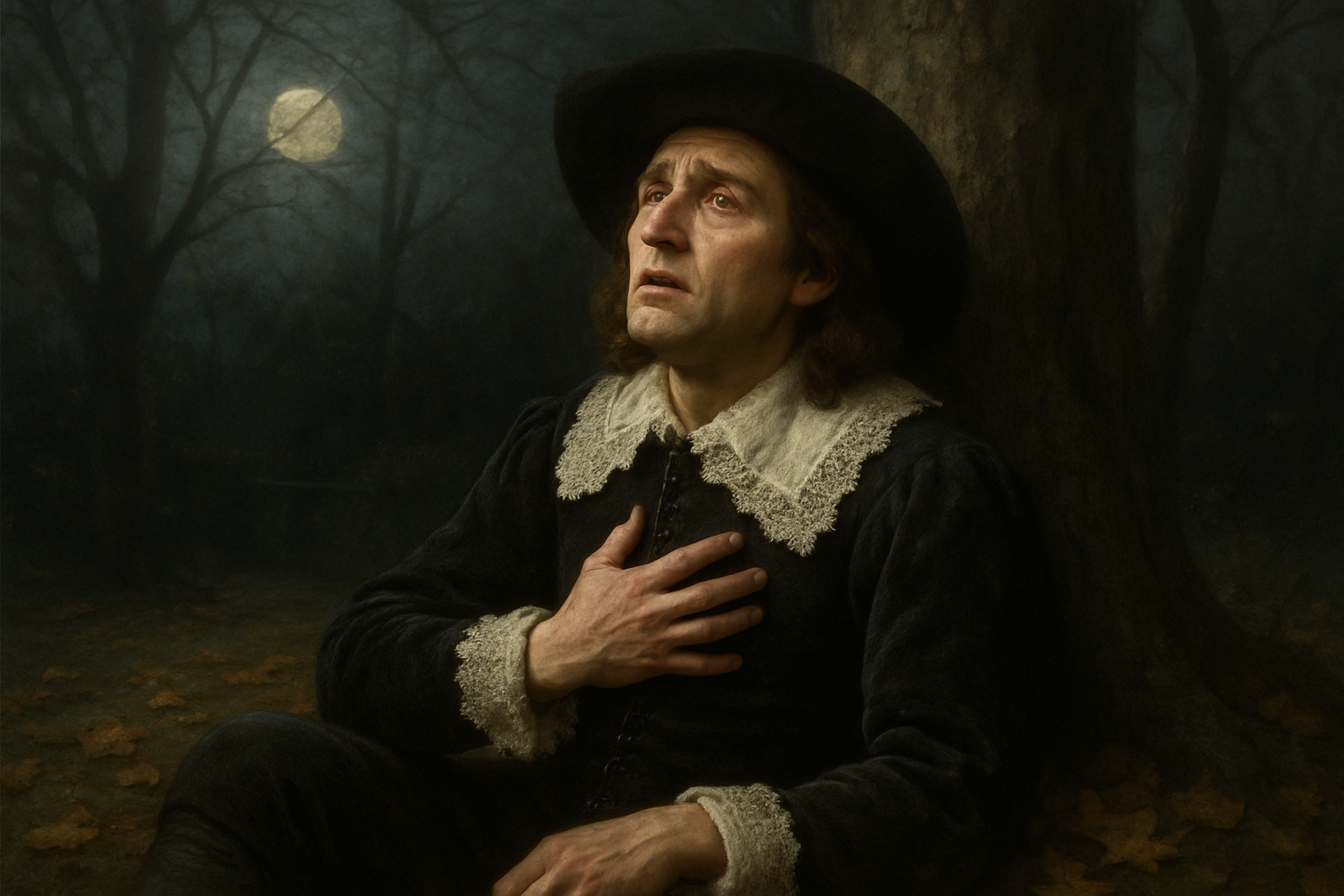 Create a realistic image of a white male figure in 17th century French costume with a prominent nose, sitting or leaning against a tree in a moonlit garden, his face showing deep emotion and vulnerability as he gazes upward with tears in his eyes, surrounded by autumn leaves scattered on the ground, soft silver moonlight filtering through bare tree branches creating dramatic shadows, with a melancholic and intimate atmosphere suggesting a moment of painful confession, absolutely NO text should be in the scene.