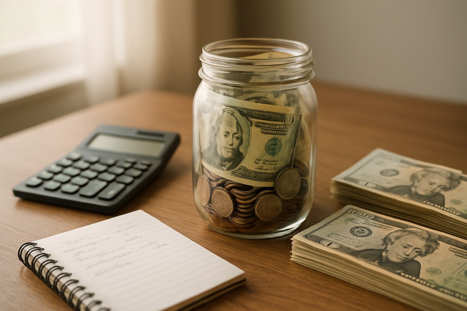 Create a realistic image of a glass jar filled with coins and folded dollar bills sitting on a wooden desk, surrounded by a calculator, a notepad with handwritten budget notes, and neat stacks of twenty dollar bills, with soft natural lighting from a window creating a warm and organized atmosphere that conveys financial planning and savings growth, absolutely NO text should be in the scene.