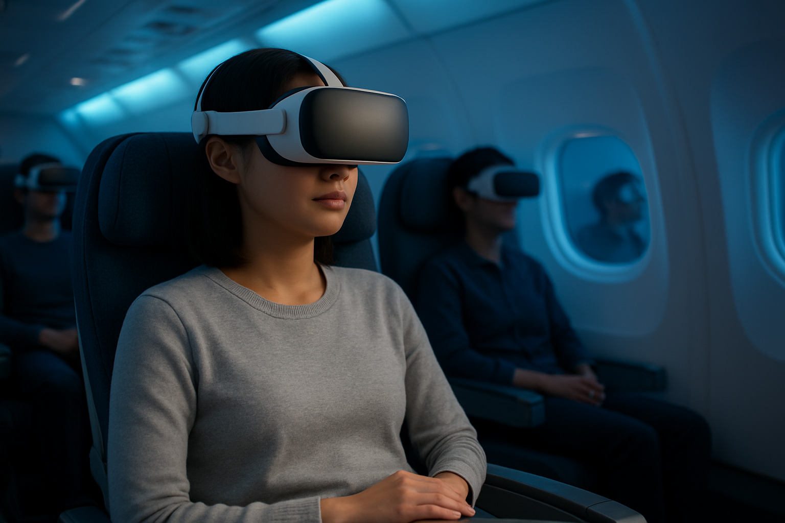 Create a realistic image of a modern travel setting where a young Asian female traveler sits comfortably in an airplane seat wearing a sleek VR headset, with her hands relaxed on her lap, while soft blue ambient lighting illuminates the aircraft cabin interior, showing other passengers in the blurred background also engaged in similar brain training activities, with the scene conveying a futuristic yet serene atmosphere of mental wellness during travel. Absolutely NO text should be in the scene.