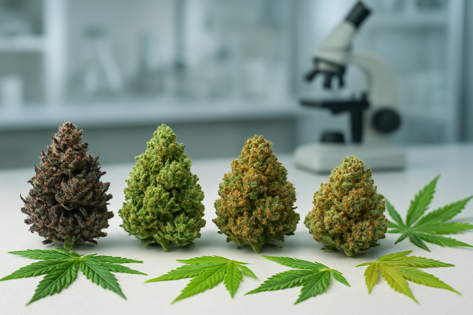 Create a realistic image of various cannabis plant buds and leaves arranged on a clean white laboratory table, showing different strain varieties with distinct colors ranging from deep purple to bright green to orange-tinted specimens, with a subtle scientific laboratory background featuring blurred equipment, soft even lighting that highlights the detailed textures and trichomes on the cannabis samples, creating an educational and professional atmosphere. Absolutely NO text should be in the scene.