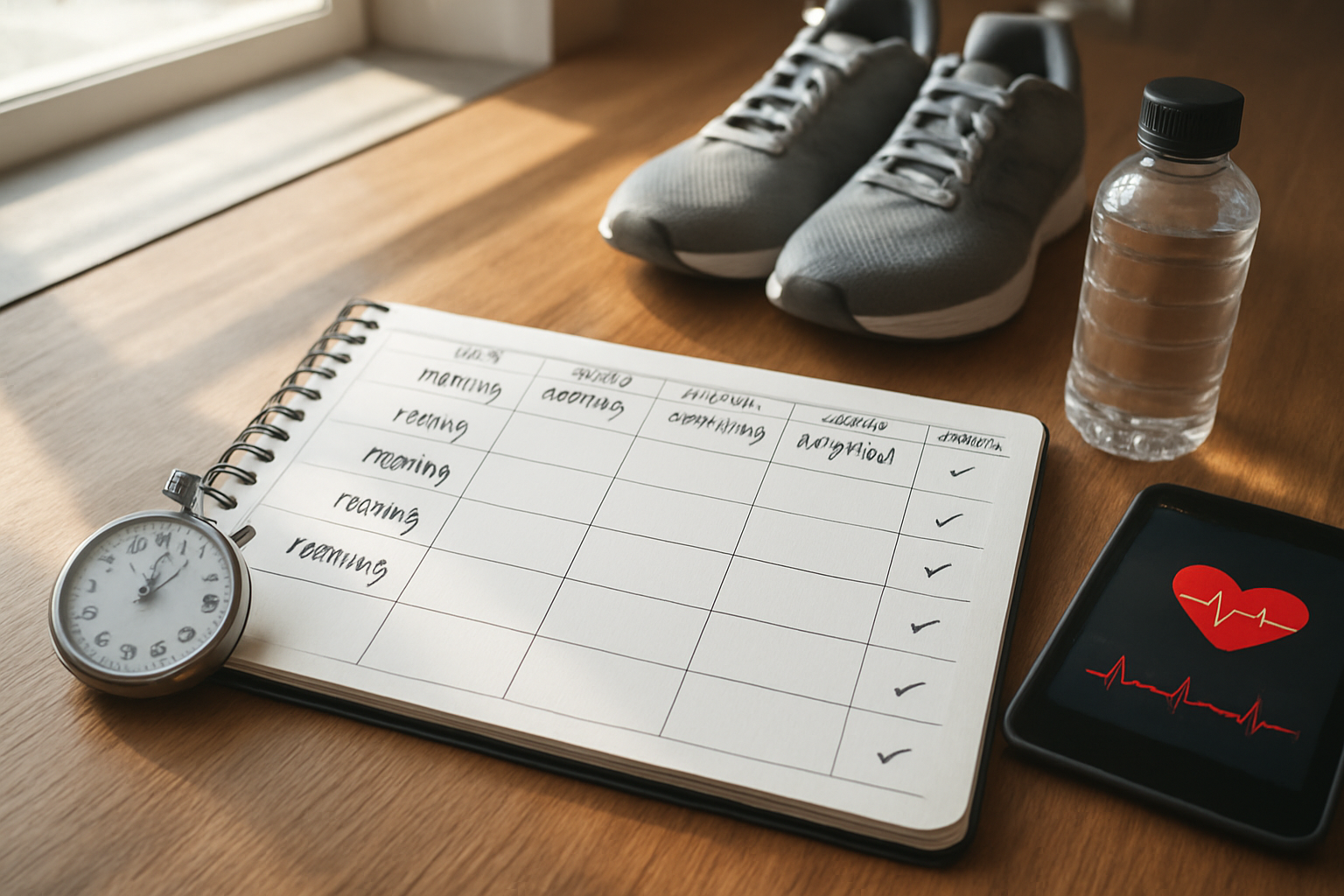 Create a realistic image of a fitness planner or calendar spread open on a wooden desk showing a weekly workout schedule with different cardio activities marked for each day, surrounded by fitness accessories including a stopwatch, water bottle, running shoes, and a tablet displaying a heart rate monitor app, with natural daylight streaming through a window creating soft shadows, conveying an organized and motivational fitness planning atmosphere, absolutely NO text should be in the scene.