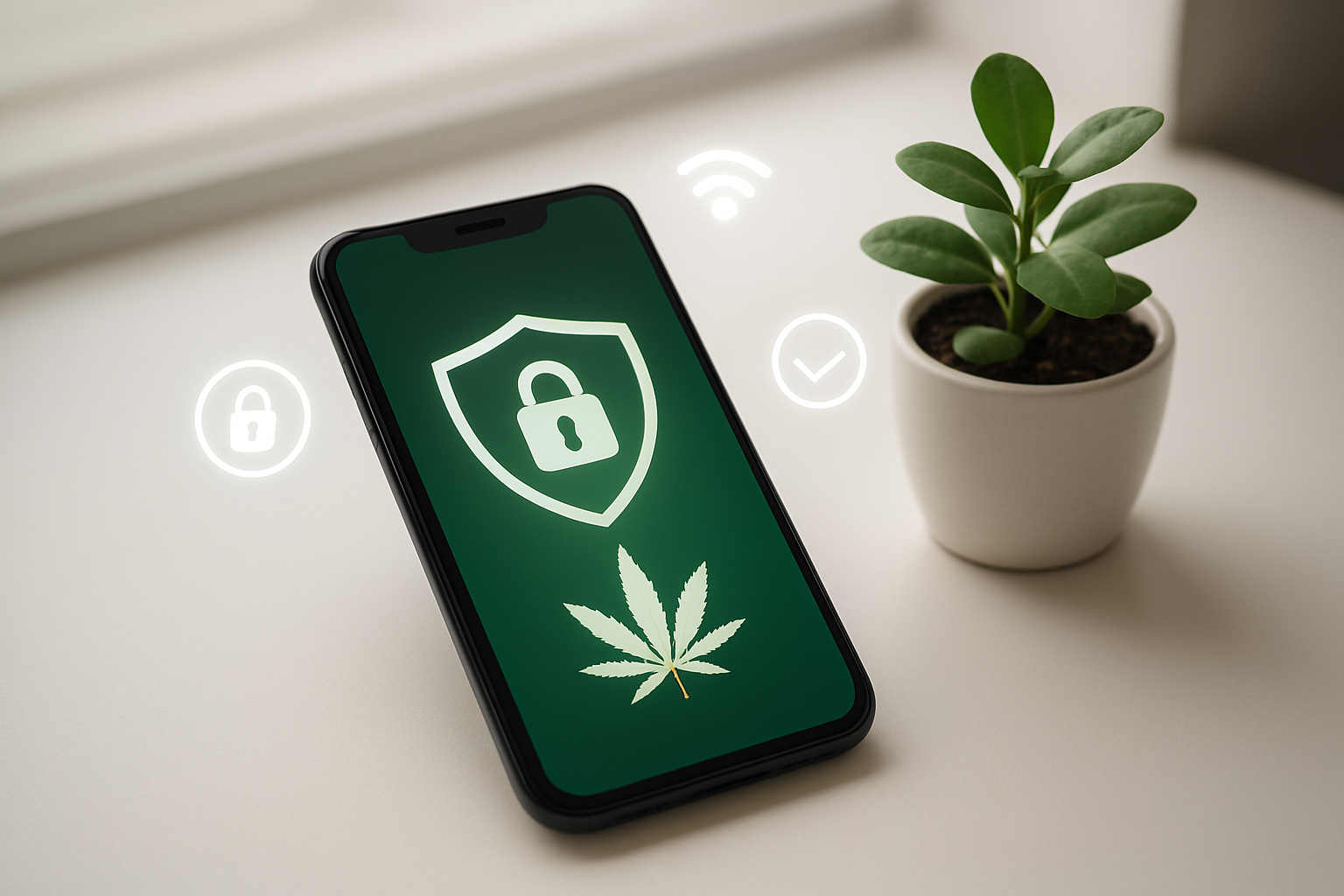 Create a realistic image of a secure smartphone displaying a cannabis delivery app interface with shield and lock icons, sitting on a clean white desk next to a small potted plant, with soft natural lighting from a window creating a trustworthy and professional atmosphere, emphasizing digital security and privacy through subtle visual elements like encrypted connection symbols floating around the device, absolutely NO text should be in the scene.