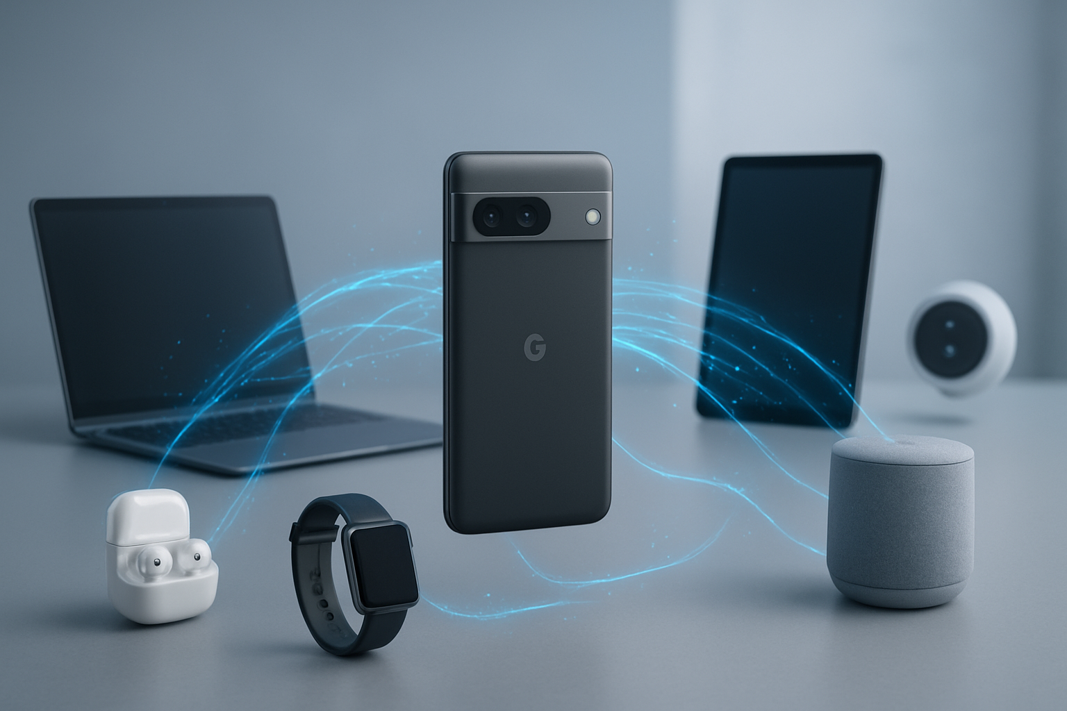 Create a realistic image of multiple interconnected devices floating in a modern tech environment showing a Google Pixel 10 Pro smartphone at the center connected by glowing blue data streams to a laptop, tablet, smartwatch, wireless earbuds, and smart home devices like a thermostat and speaker, all set against a clean minimalist background with soft ambient lighting and subtle digital particle effects representing data flow between devices, creating a harmonious unified ecosystem visualization, absolutely NO text should be in the scene.