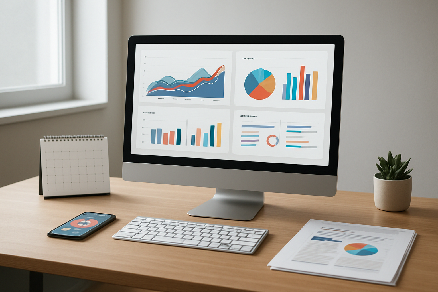 Create a realistic image of a modern workspace with a sleek computer monitor displaying colorful analytics dashboards and engagement metrics charts, surrounded by strategic planning elements including a calendar, mobile phone showing social media interfaces, and organized documents, set against a clean minimalist office background with soft natural lighting from a window, creating a productive and focused atmosphere for digital content strategy work, absolutely NO text should be in the scene.