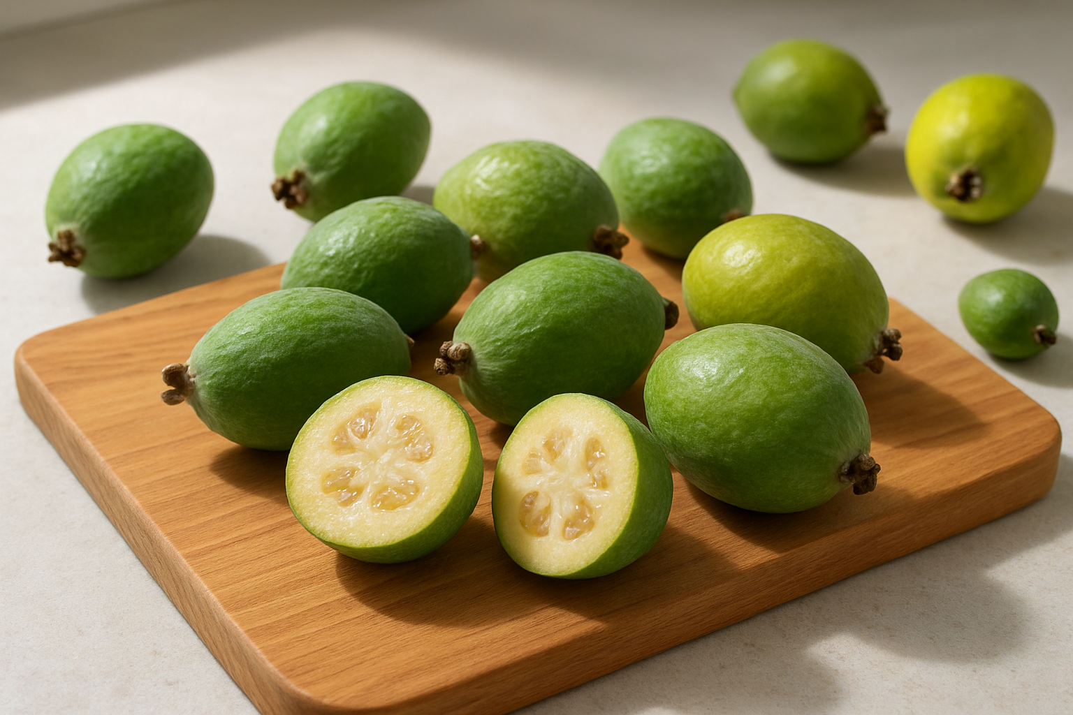 Create a realistic image of fresh feijoa fruits (pineapple guava) arranged on a wooden cutting board, showing various stages of ripeness from unripe green to perfectly ripe with slight softness, one fruit cut in half displaying the creamy white flesh with clear jelly-like center and small seeds, natural daylight streaming from the side creating soft shadows, clean kitchen counter background with some whole fruits scattered nearby showing different sizes and color variations from green to slightly yellow-green, emphasizing the visual cues for identifying perfect ripeness. Absolutely NO text should be in the scene.