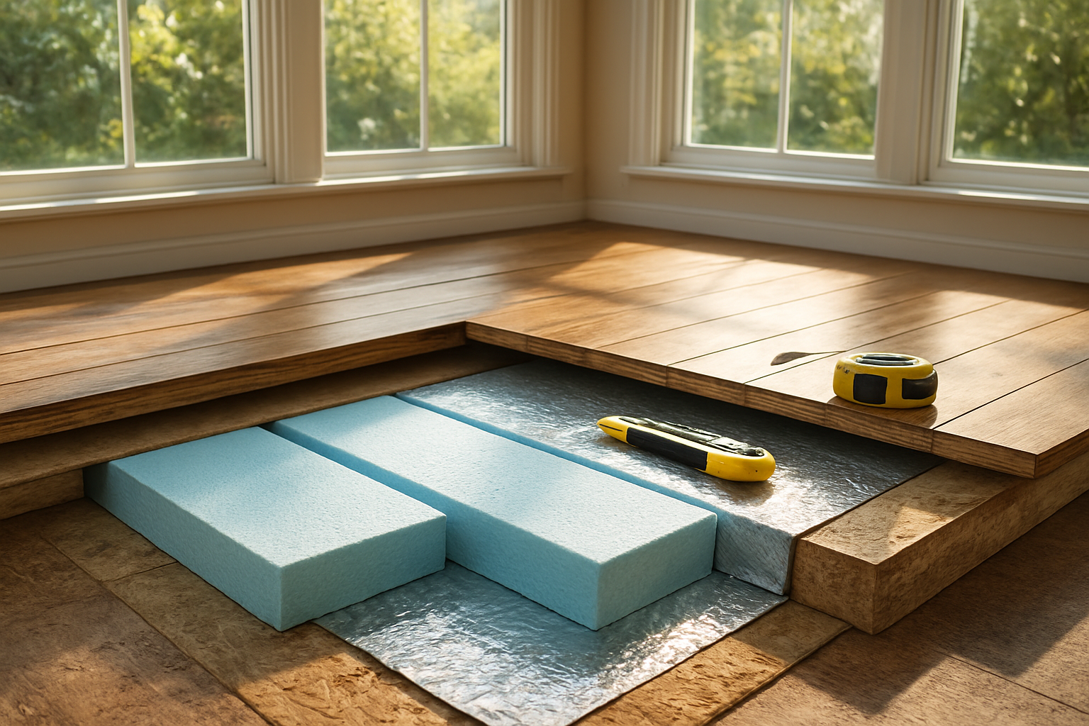 Create a realistic image of a cross-section view of a sunroom floor showing insulation installation beneath wooden floorboards, with visible foam insulation boards, reflective barrier material, and subflooring layers clearly displayed, surrounded by large windows letting in natural daylight, with tools like a utility knife and measuring tape nearby on the floor surface, creating a warm and educational atmosphere that demonstrates proper floor insulation techniques, absolutely NO text should be in the scene.