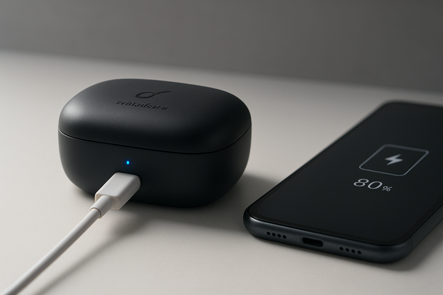 Create a realistic image of a modern Soundcore wireless earbud case sitting on a clean white surface with a USB-C charging cable plugged into it, showing a subtle LED indicator light glowing blue to indicate charging status, with a sleek smartphone displaying a battery percentage icon nearby, soft natural lighting from the side creating gentle shadows, minimalist tech workspace background with subtle gray tones, focus on the charging port and cable connection detail, absolutely NO text should be in the scene.