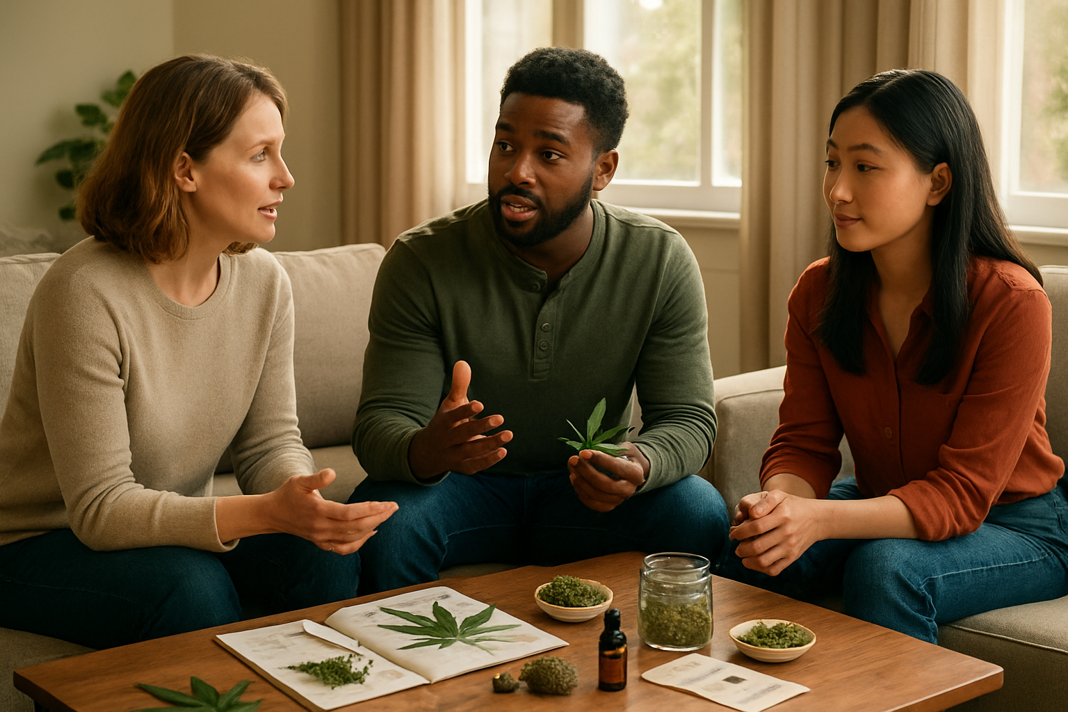 Create a realistic image of a diverse group of people including a white female, black male, and Asian female sitting in a comfortable, modern living room having an educational discussion, with cannabis leaves, hemp products, and informational materials spread on a coffee table, warm natural lighting streaming through windows, creating an open and welcoming atmosphere that conveys learning and breaking down misconceptions, absolutely NO text should be in the scene.
