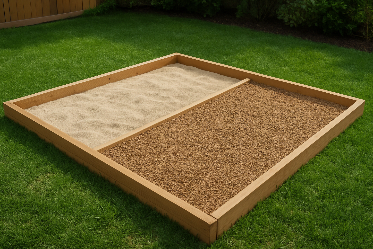 Create a realistic image of a well-maintained backyard dog potty area featuring two distinct sections - one covered with clean sand and another with decomposed granite, both materials clearly visible with different textures and colors, surrounded by a low wooden border, set in a residential backyard with green grass in the background, natural daylight lighting, clean and organized appearance. Absolutely NO text should be in the scene.