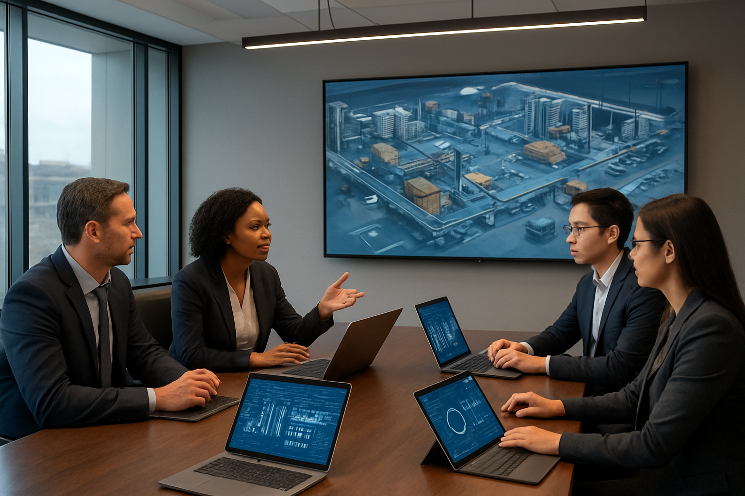 Create a realistic image of a modern corporate boardroom with a large conference table where a diverse group of business professionals including a white male executive, black female logistics manager, and Asian male data analyst are gathered around laptops and tablets displaying logistics dashboards and AI analytics charts, with a large wall-mounted screen showing a digital warehouse layout with automated systems and robotic equipment, the room features contemporary lighting with natural daylight streaming through large windows, creating a professional and innovative atmosphere focused on strategic planning and technology implementation, absolutely NO text should be in the scene.