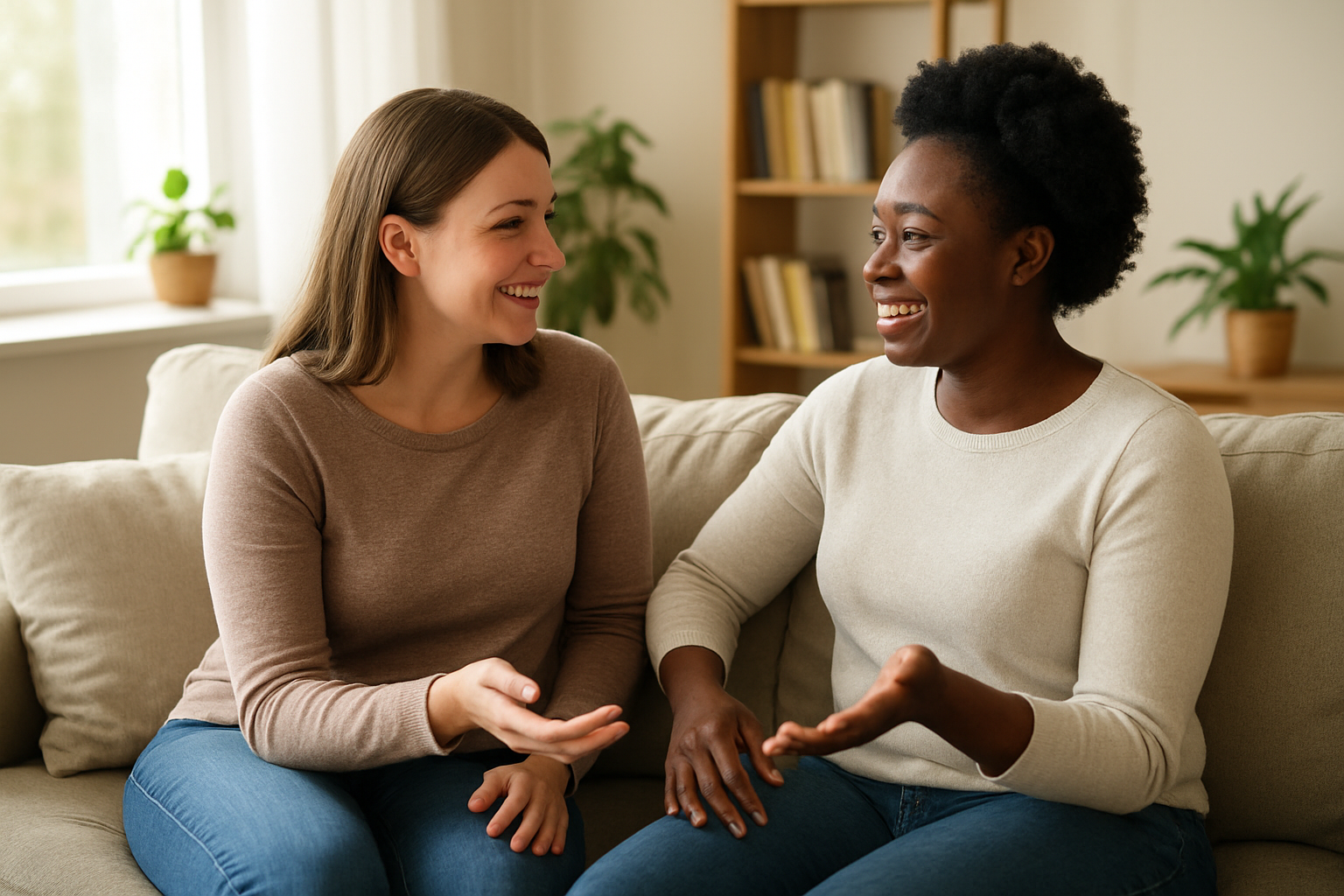 Create a realistic image of two women of different races (one white, one black) sitting together on a comfortable couch in a bright, welcoming living room, engaged in deep conversation with warm smiles and open body language, with soft natural lighting streaming through a nearby window, plants and books visible in the background creating a cozy atmosphere that emphasizes meaningful connection and friendship, absolutely NO text should be in the scene.