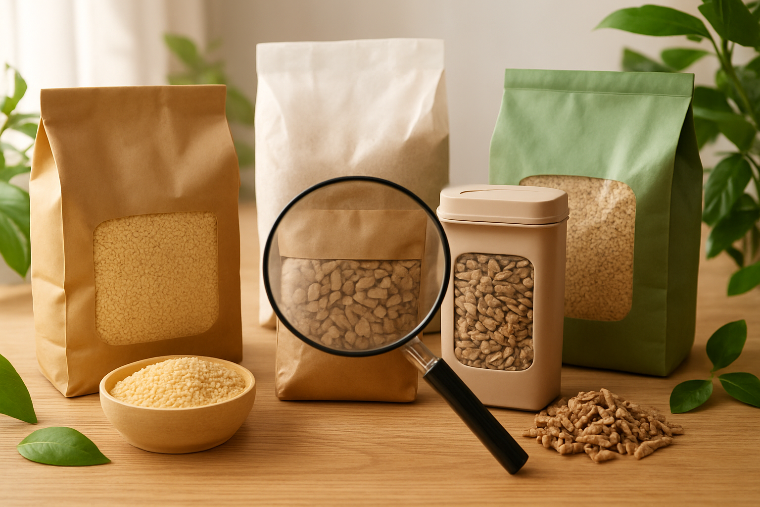 Create a realistic image of various eco-friendly cat litter products arranged on a clean wooden table surface, including bags and containers of different sustainable litter types such as corn-based, wheat-based, recycled paper, and wood pellet litters, with a magnifying glass positioned over product labels to suggest careful evaluation, surrounded by green leaves and natural elements to emphasize the eco-friendly theme, soft natural lighting from a window creating gentle shadows, warm and inviting atmosphere suggesting thoughtful decision-making, absolutely NO text should be in the scene.