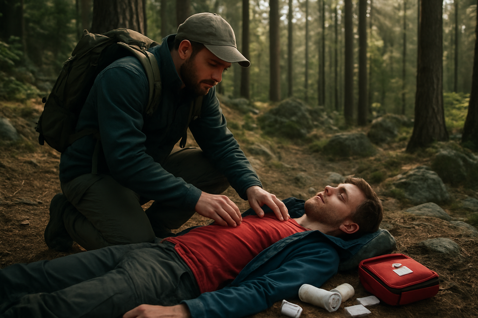 Create a realistic image of a white male wilderness first responder in outdoor gear kneeling beside an injured hiker in a remote forest setting, checking vital signs with focused concentration, surrounded by medical emergency supplies including bandages and a first aid kit scattered on the ground, with tall pine trees and rocky terrain in the background, dramatic natural lighting filtering through the canopy creating an urgent but controlled atmosphere, absolutely NO text should be in the scene.